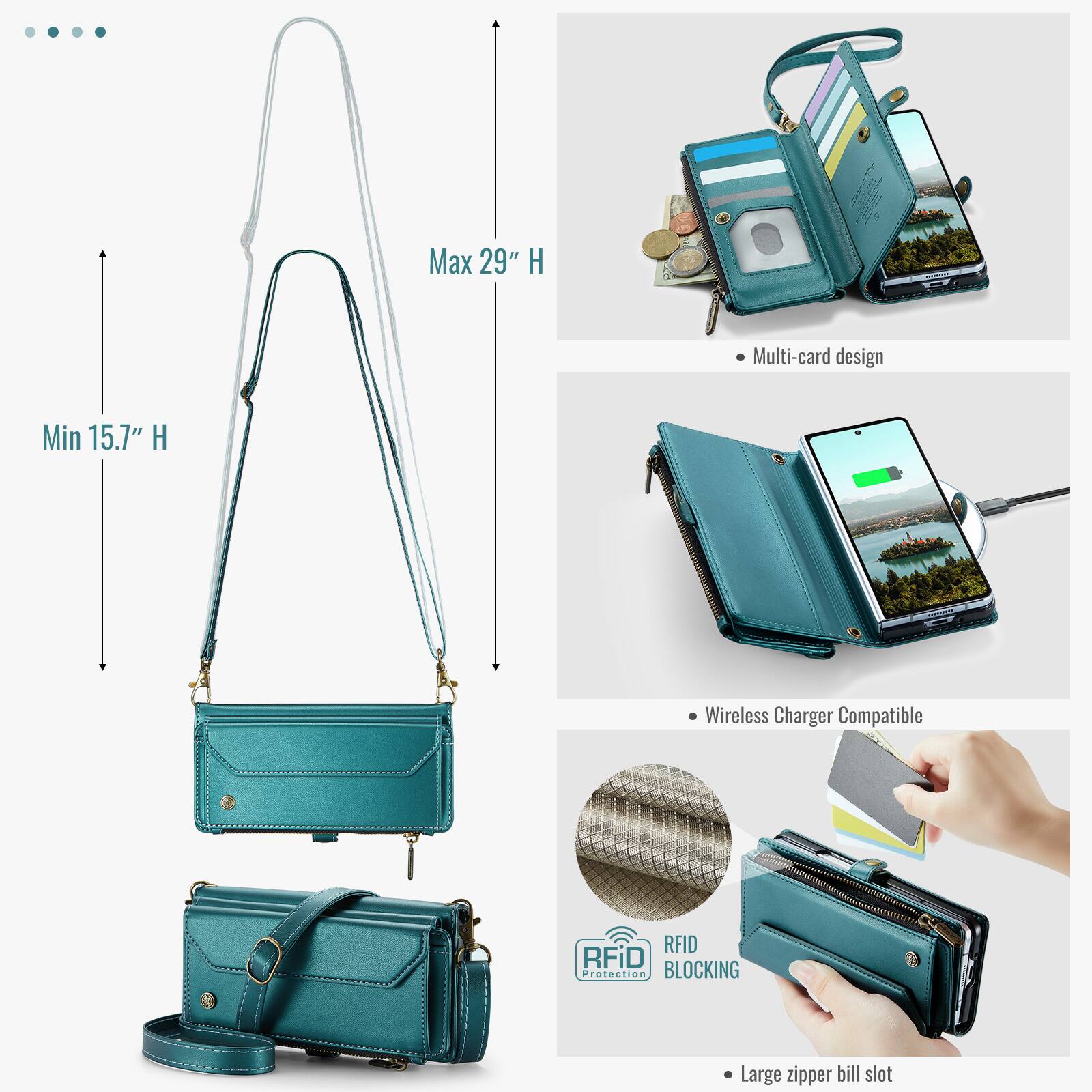 - Max 29" H
- Min 15.7" H
- Multi-card design
- Wireless Charger Compatible
- RFID Protection BLOCKING
- Large zipper bill slot