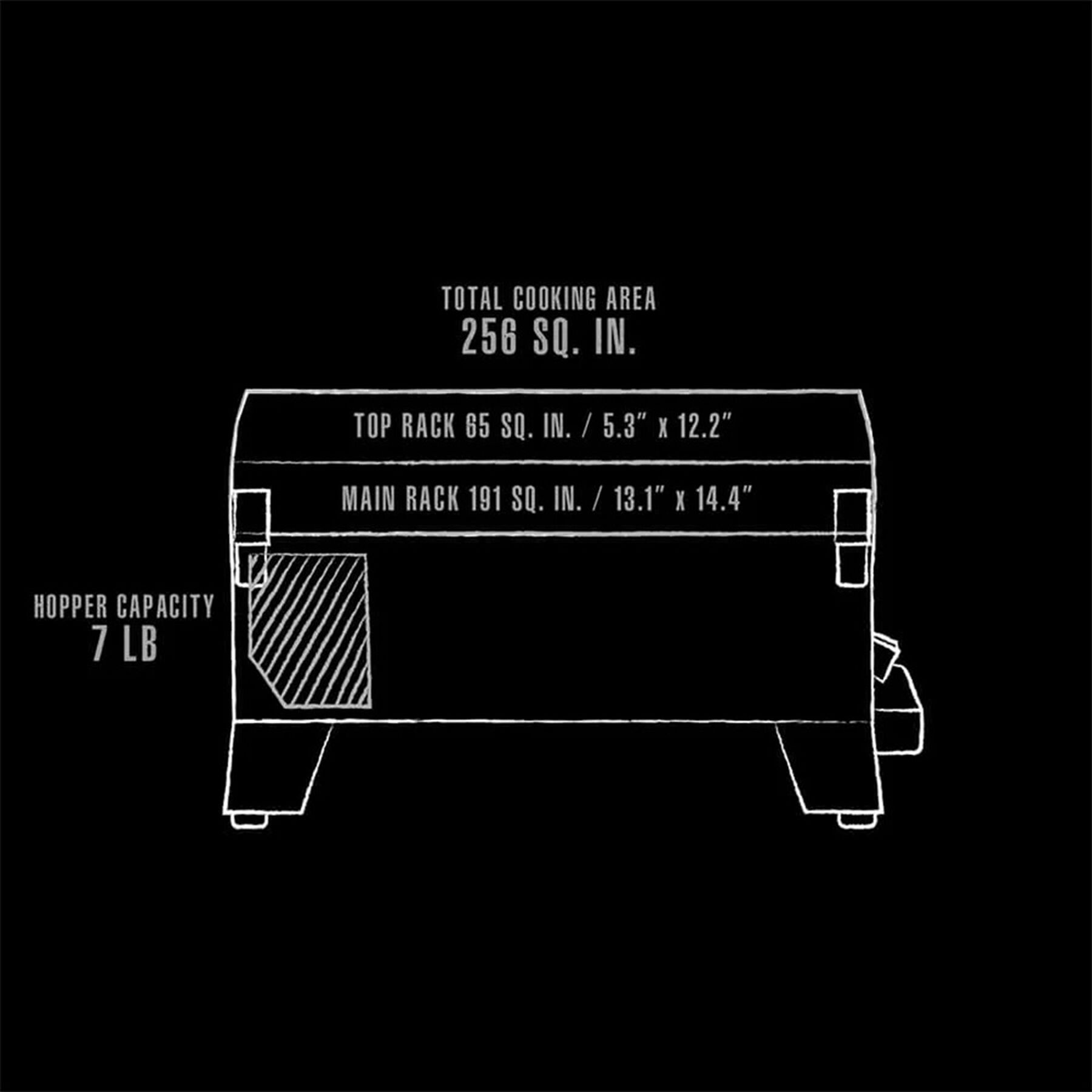 Total Cooking Area: 256 sq. in.
Top Rack: 65 sq. in. / 5.3" x 12.2"
Main Rack: 191 sq. in. / 13.1" x 14.4"
Hopper Capacity: 7 lb
