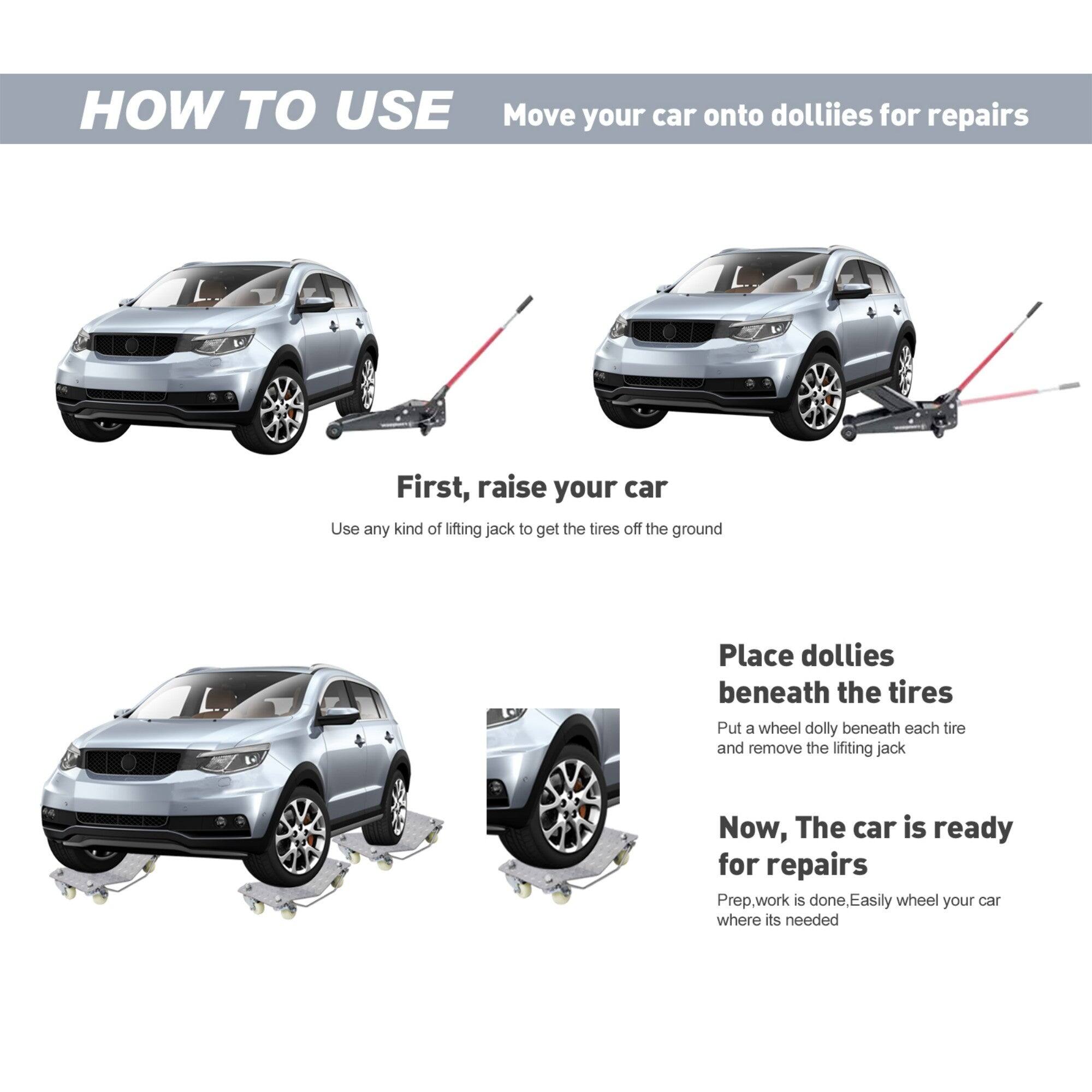 HOW TO USE  
Move your car onto dollies for repairs

First, raise your car  
Use any kind of lifting jack to get the tires off the ground

Place dollies beneath the tires  
Put a wheel dolly beneath each tire and remove the lifting jack

Now, The car is ready for repairs  
Prep work is done. Easily wheel your car where it's needed