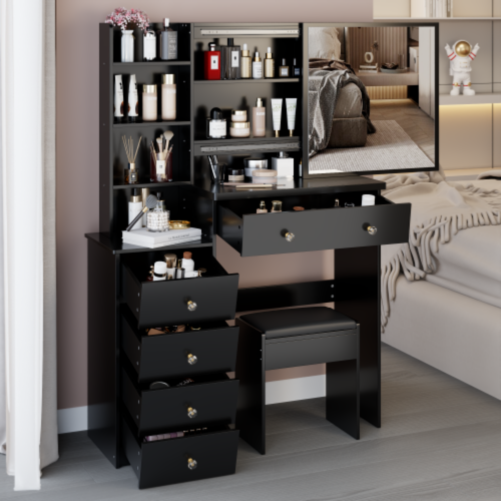 Alt View 1. LUCKY ONE - 37in Freestanding Vanity Set with Sliding Mirror, Stool and Multi-Layer Storage for Bedroom - Black.