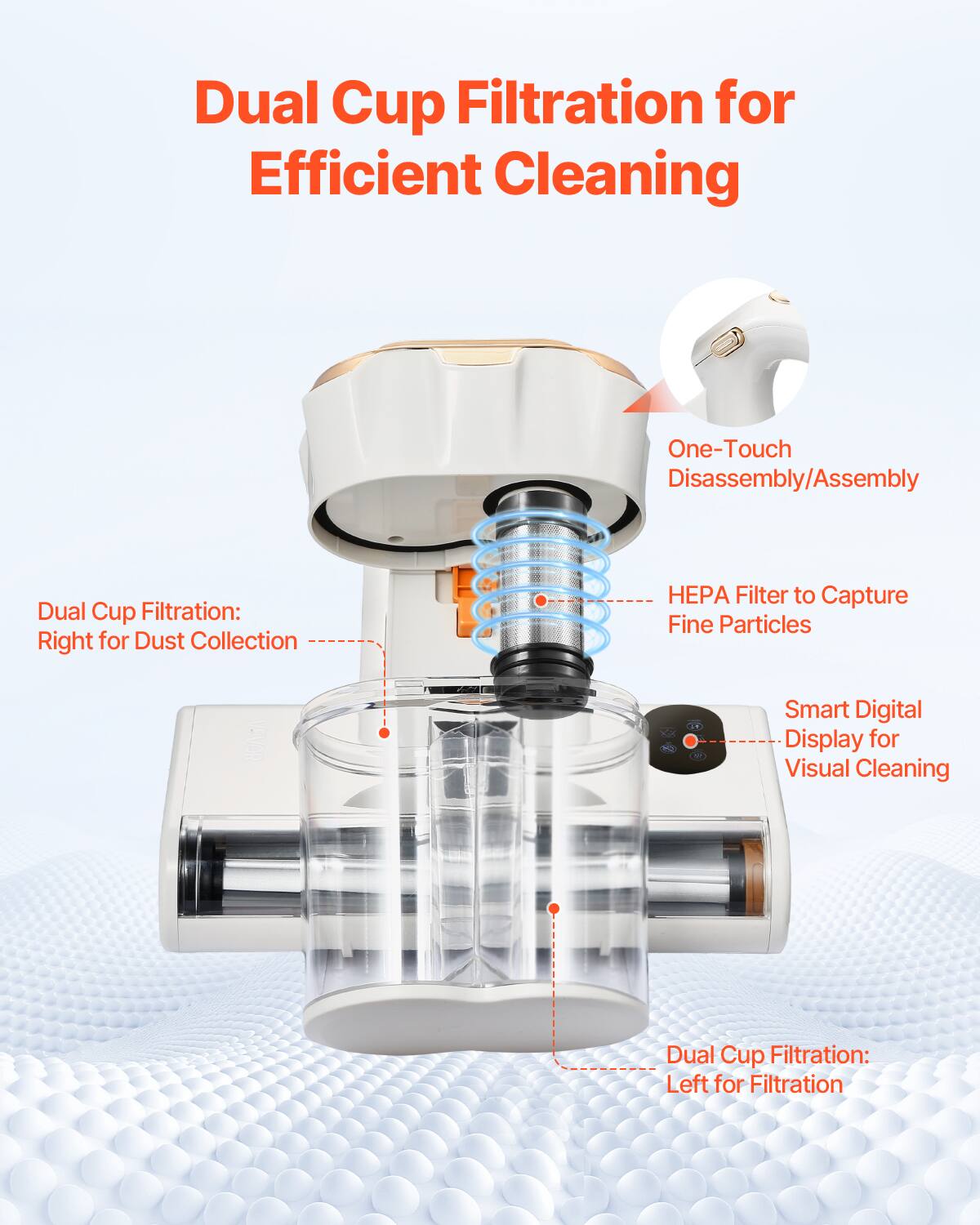Dual Cup Filtration for Efficient Cleaning

One-Touch Disassembly/Assembly

Dual Cup Filtration: Right for Dust Collection

HEPA Filter to Capture Fine Particles

Smart Digital Display for Visual Cleaning

Dual Cup Filtration: Left for Filtration
