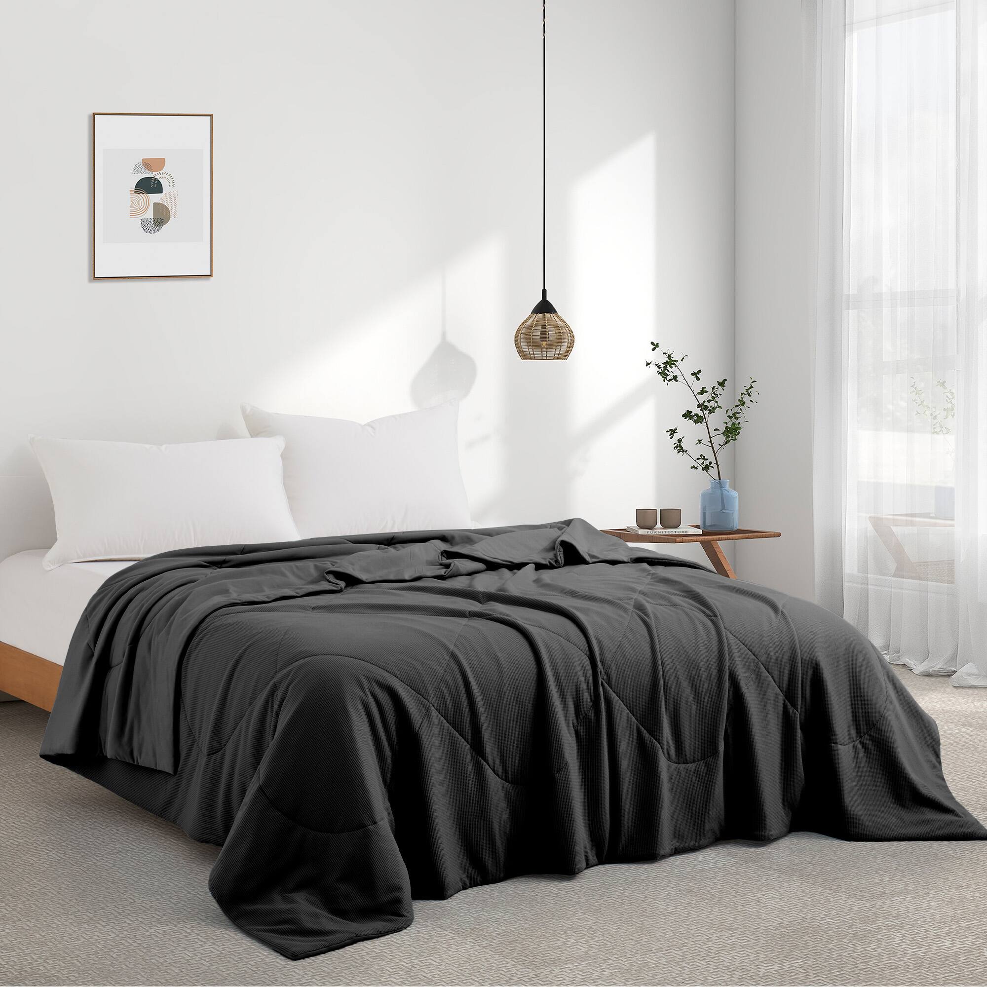 Angle. Peace Nest - Peace Nest Lightweight Cooling Waffle Blanket Summer Reversible Comfort for Hot Sleepers, Dark Gray, King - Dark Gray.