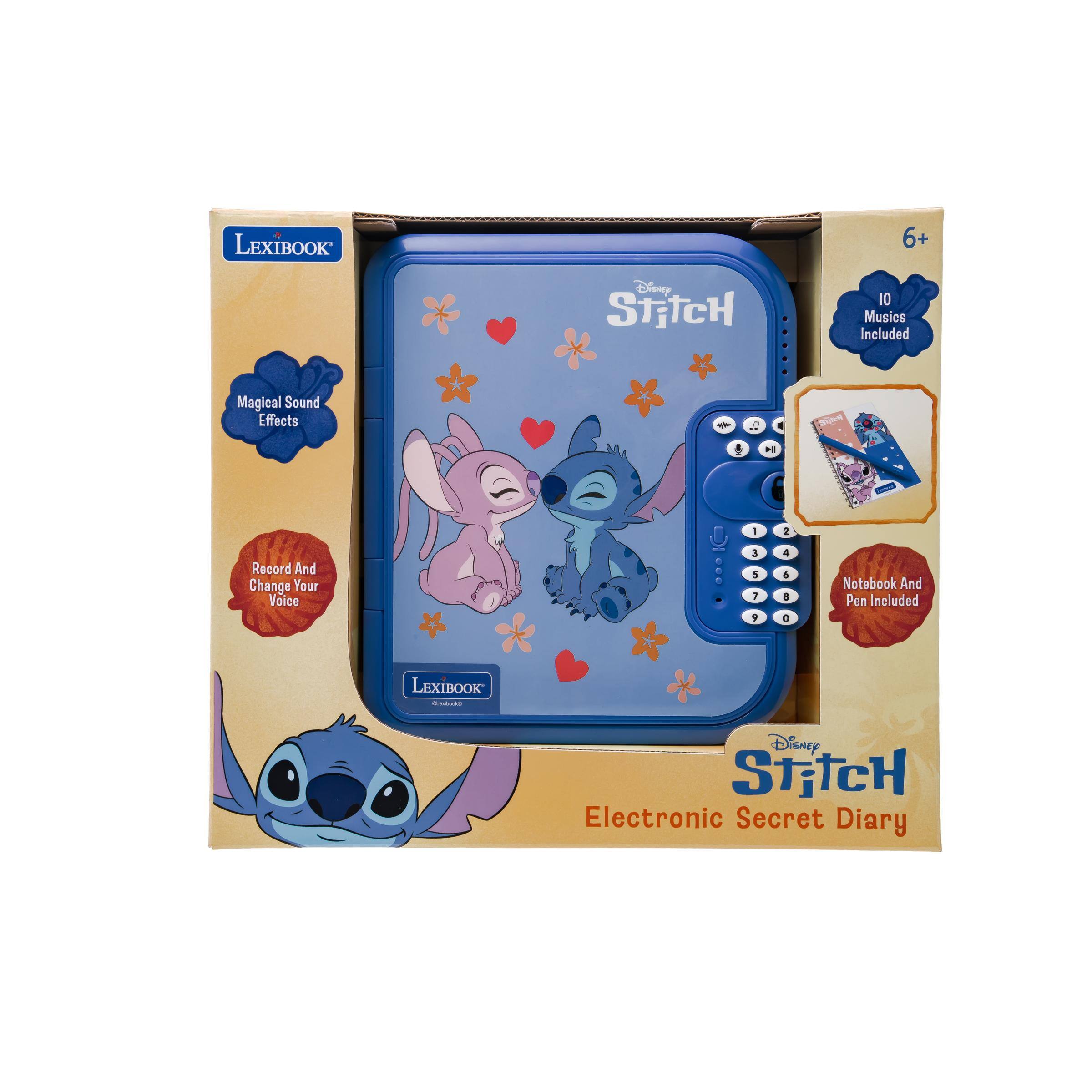 LEXIBOOK  
6+  
Disney Stitch  
10 Musics Included  
Magical Sound Effects  
A  
H  
I  
2  
Record And Change Your Voice  
3 5 7 9  
4 6 8 0  
Notebook And Pen Included  
LEXIBOOK Collection  
Disney Stitch Electronic Secret Diary