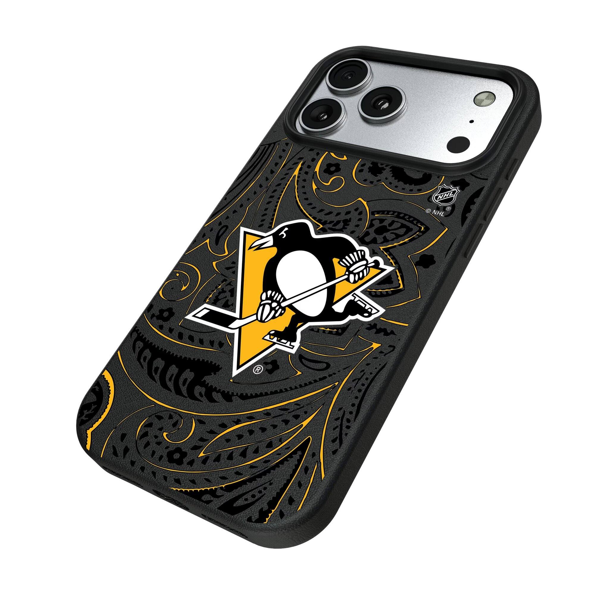 Alt View 1. Keyscaper - Black Pittsburgh Penguins Paisley iPhone Magnetic Bump Case - 16 Pro - Black.