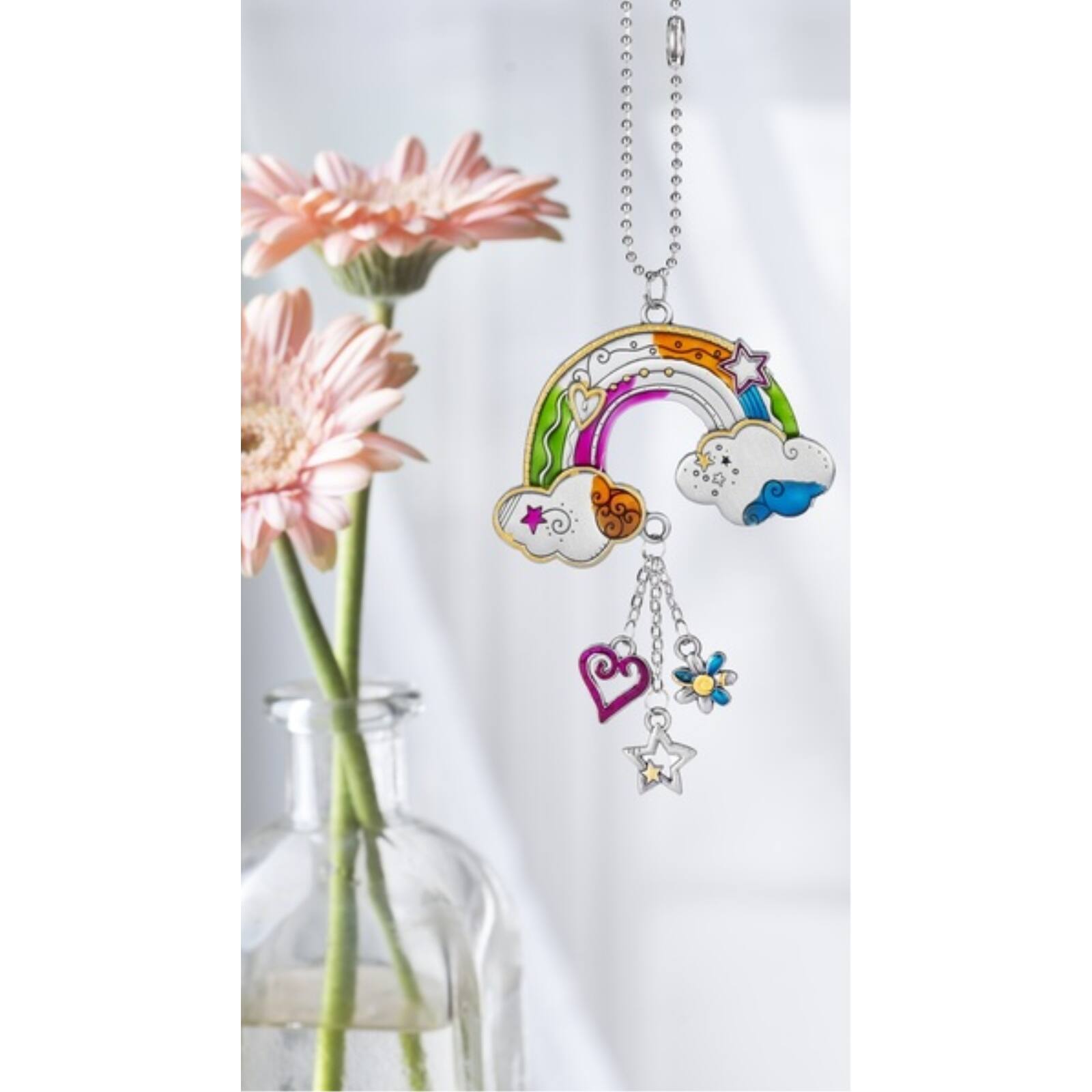 Angle. Ganz - Rainbow with Heart Star and Flower Color Car Charm 7.5 inch - Silver.