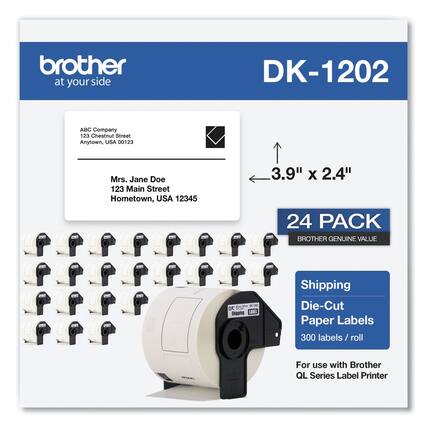 brother
at your side
DK-1202
ABC Company
123 Chestnut Street
Anytown, USA 00123
Mrs. Jane Doe
123 Main Street
Hometown, USA 12345
3.9" x 2.4"
24 PACK
BROTHER GENUINE VALUE
Shipping
Die-Cut
Paper Labels
300 labels / roll
For use with Brother QL Series Label Printer