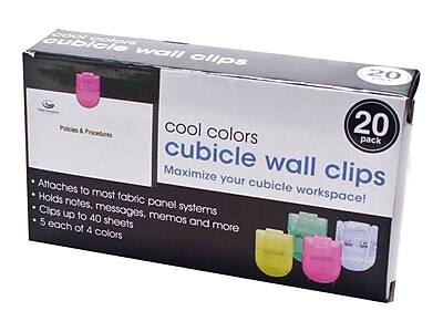Cool Colors Cubicle Wall Clips  
20 Pack  

Maximize your cubicle workspace!  

Attaches to most fabric panel systems  
Holds notes, messages, memos, and more  
Clips up to 40 sheets  
5 each of 4 colors  

Policies & Procedures