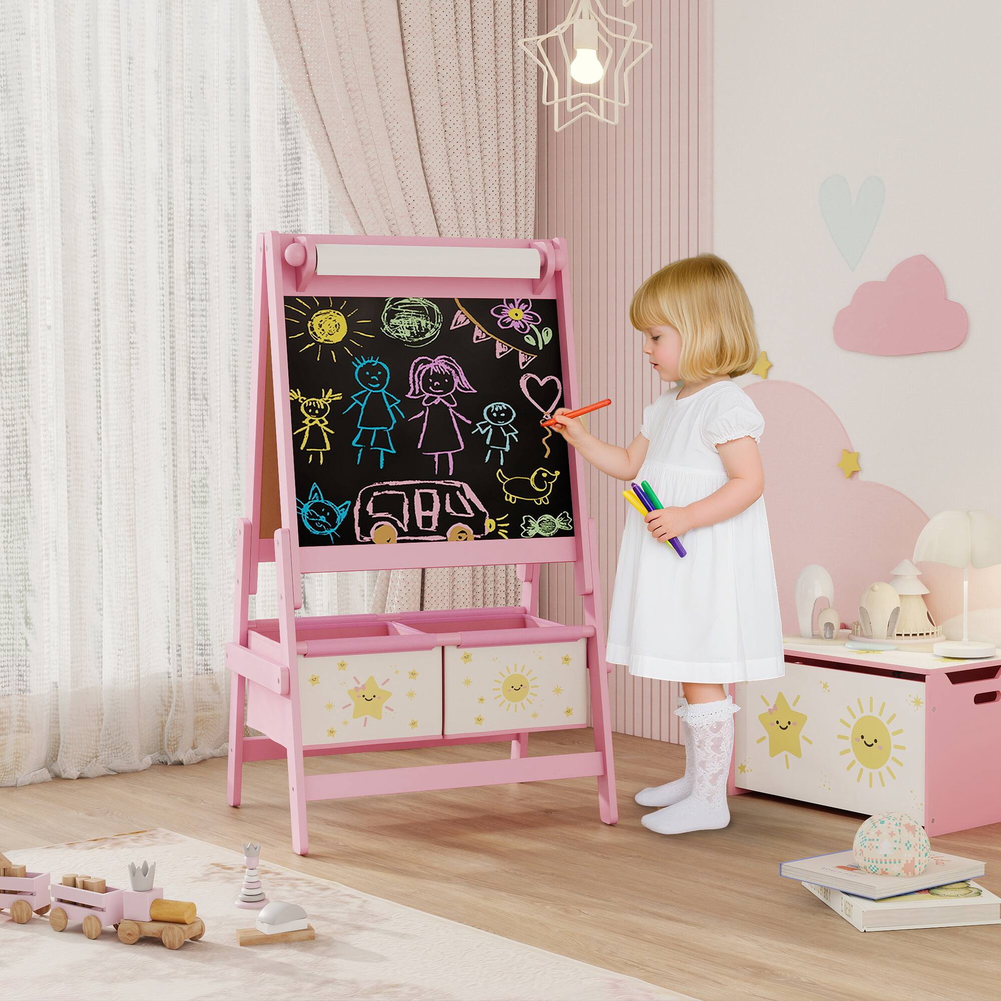 Alt View 1. Qaba - Easel for Kids, Double-Sided Whiteboard & Chalkboard with Paper Roll - Pink.