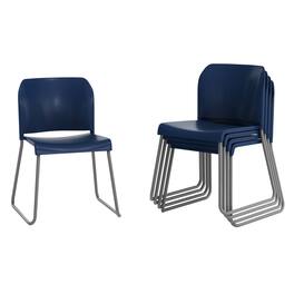 Emma + Oliver - Calliope Set of 5 Stackable Office Reception Chairs with Chrome Sled Bases - Navy Plastic/Gray Frame