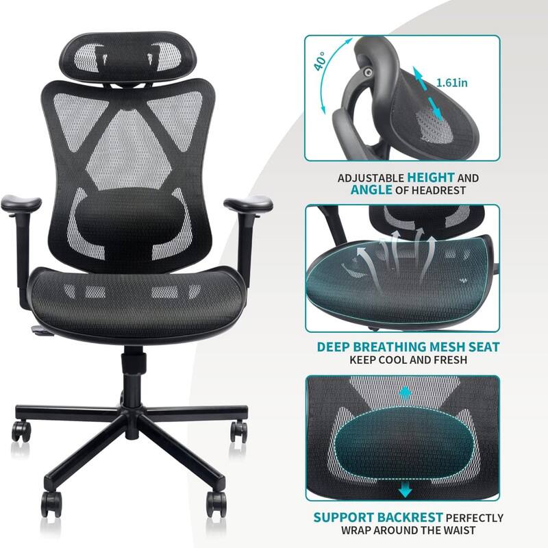 40° 1.61in ADJUSTABLE HEIGHT AND ANGLE OF HEADREST  
DEEP BREATHING MESH SEAT KEEP COOL AND FRESH  
SUPPORT BACKREST PERFECTLY WRAP AROUND THE WAIST