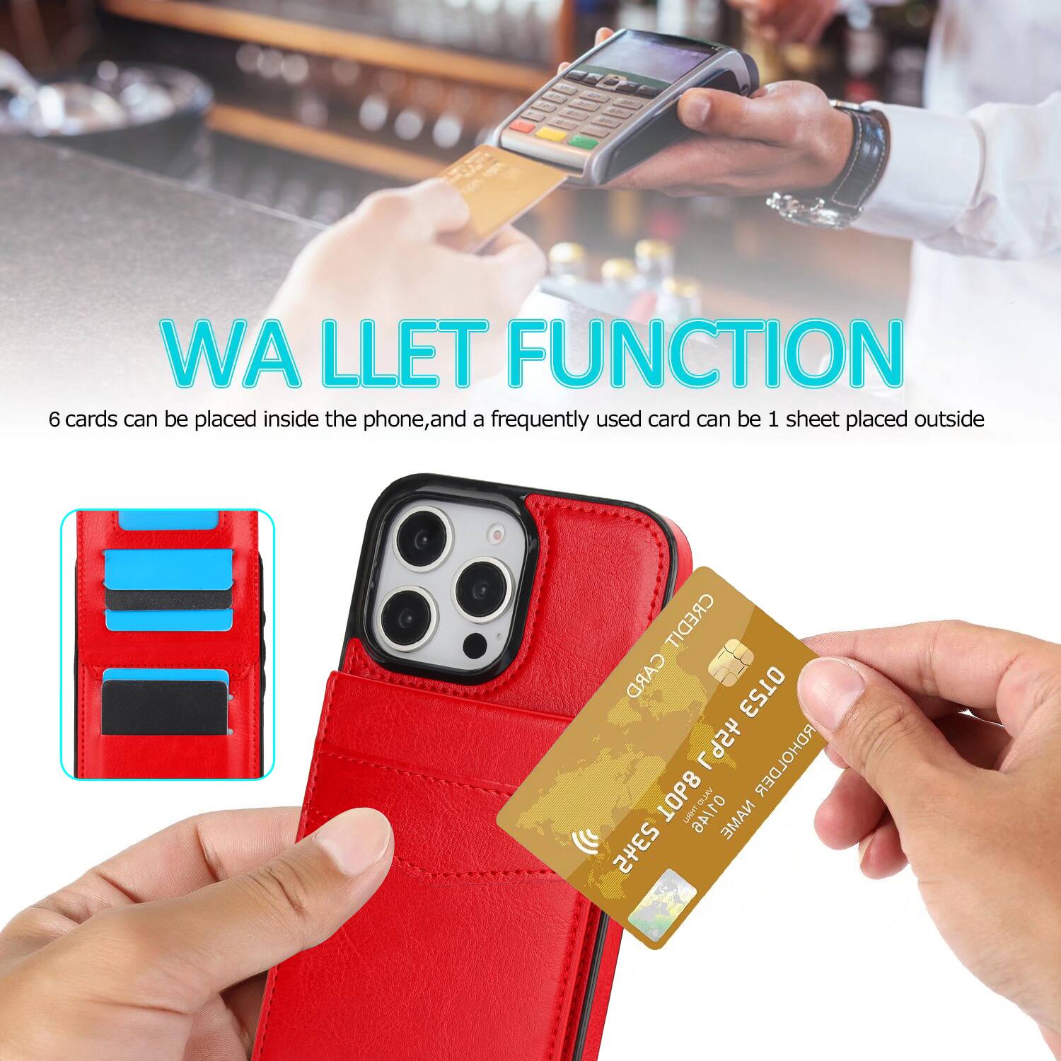 WA LLET FUNCTION  
6 cards can be placed inside the phone, and a frequently used card can be 1 sheet placed outside  
CREDIT CARD HOLDER  
UPHT ANTID NAME