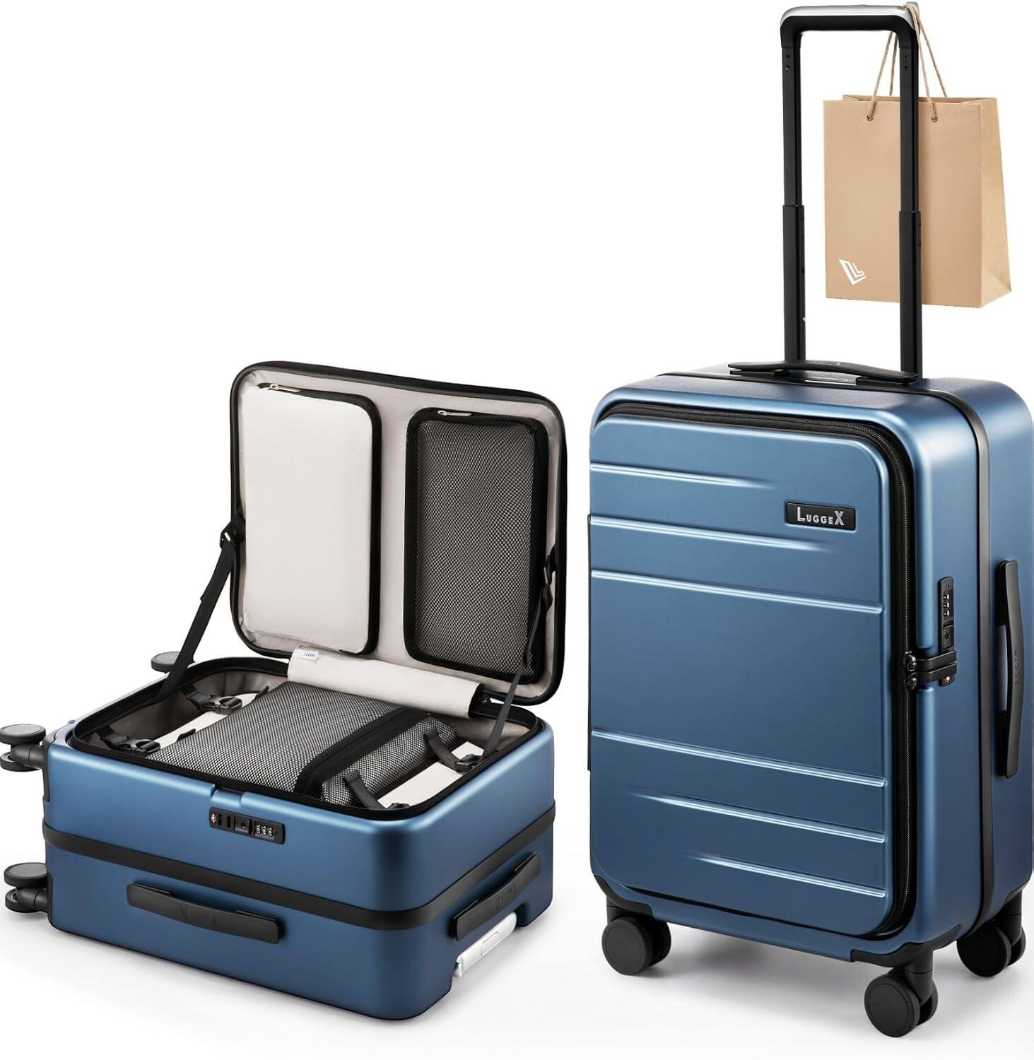 LUGGEX - Carry On Luggage 21 Inch Top Opening, FLA Aluminum Frame Trunk Style, PC Hard Shell Suitcase - Blue