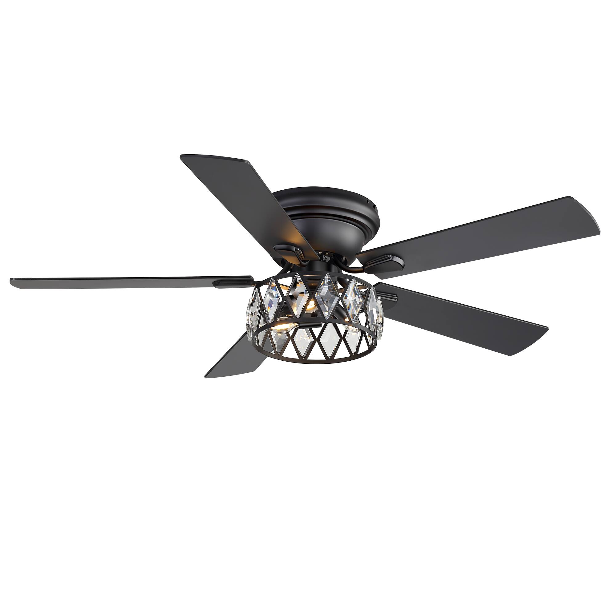 Alt View 9. Breezary - 52'' Flush Mount Ceiling Fan with Light Kit, Low Profile Indoor Crystal Fan, 5 Blades, 6-Speed DC Motor, Remote, Timer - Black with Two-tone Wood Grain Blades.