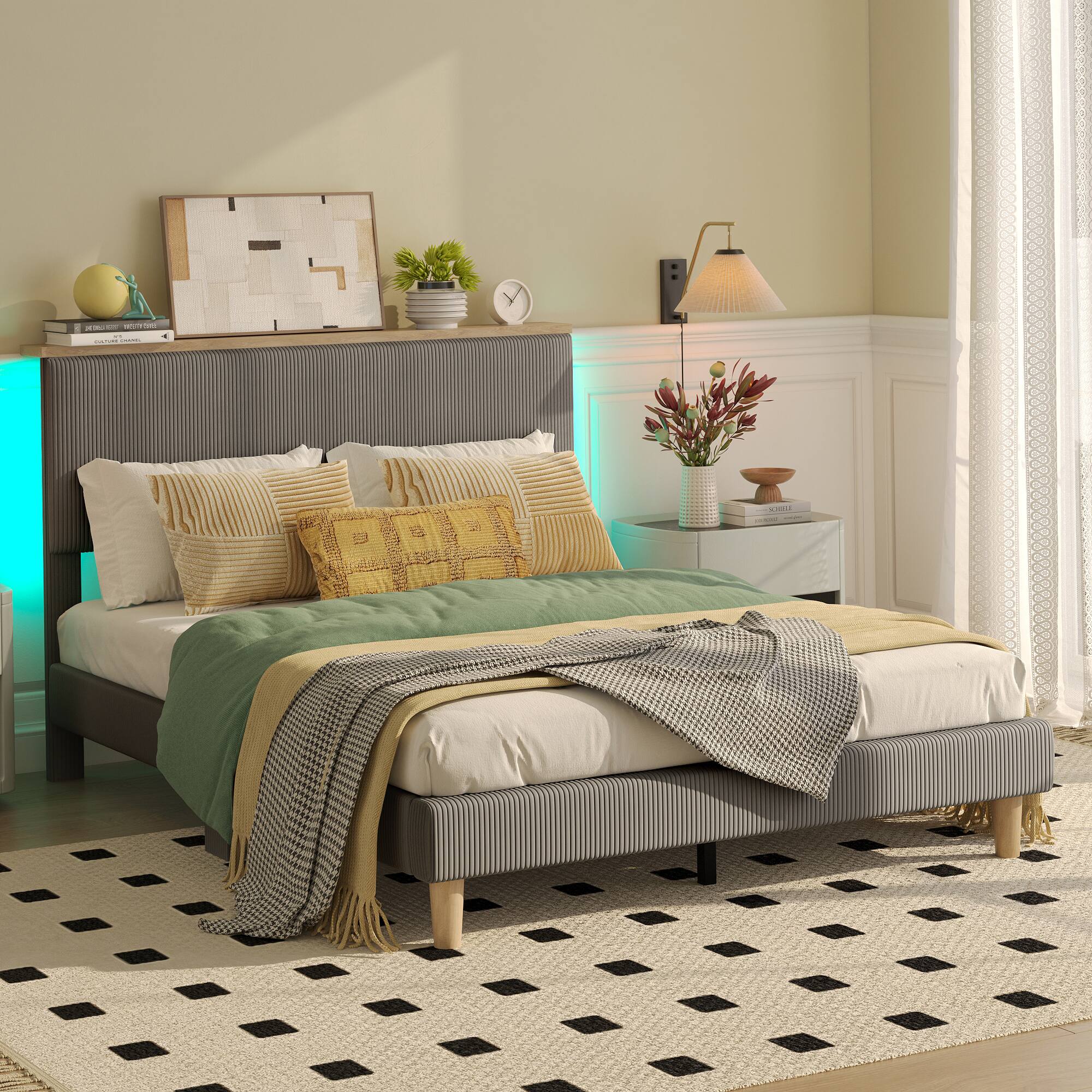 Alt View 1. Bestier - Bed Frame Upholstered Platform Gaming Bed with LED Light & Adjustable Storage Headboard for Bedroom - Gray.
