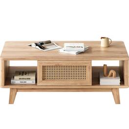 GOODSILO - Mid Century Modern Storage Coffee Table with Rattan Drawer and Solid Wood Legs for Living Room Furniture - Natural