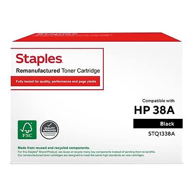 Staples Remanufactured Toner Cartridge
Fully tested for quality, performance, and page yields
Compatible with HP 38A
Black
STQ1338A
Made from reused and recycled components.
For this Staples Brand Product, we reuse or recycle many key components instead of sending them to landfills.
Our remanufactured toner cartridges are designed to meet the same high standards as new cartridges.
FSC QUALITY APPROVED
FSC