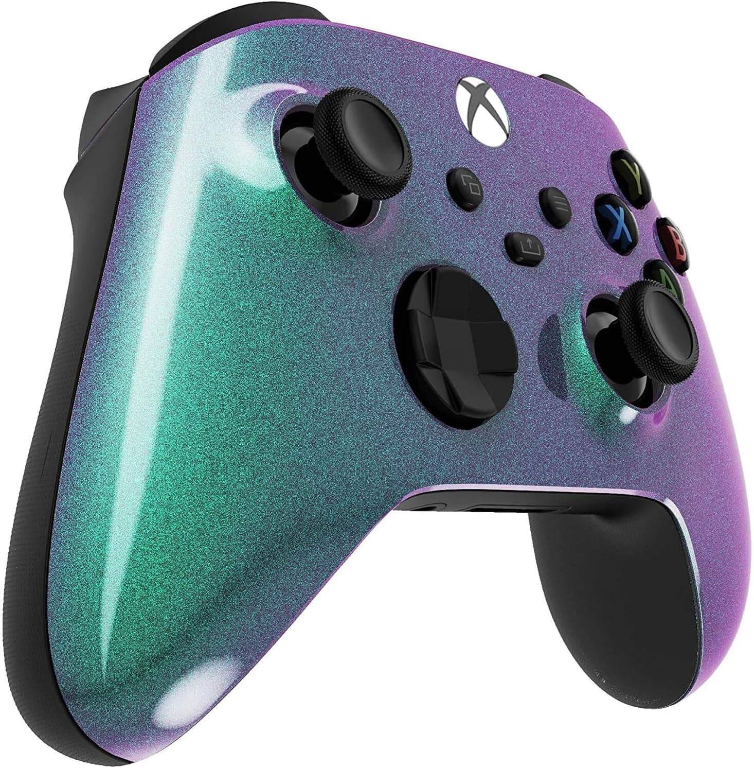 Left. Custom Controllerzz - Custom Wireless Controller for Xbox Series X|S, Xbox One, & PC - Green & Purple Chameleon.