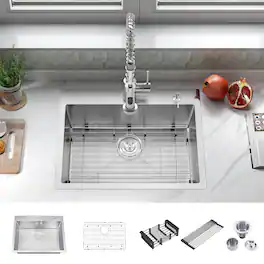 Akicon - 28 in. Drop-in Single Bowl 20-Gauge Nano-Coated Kitchen Sink with Grid, Strainer, Colander and Rollup Rack - Silver