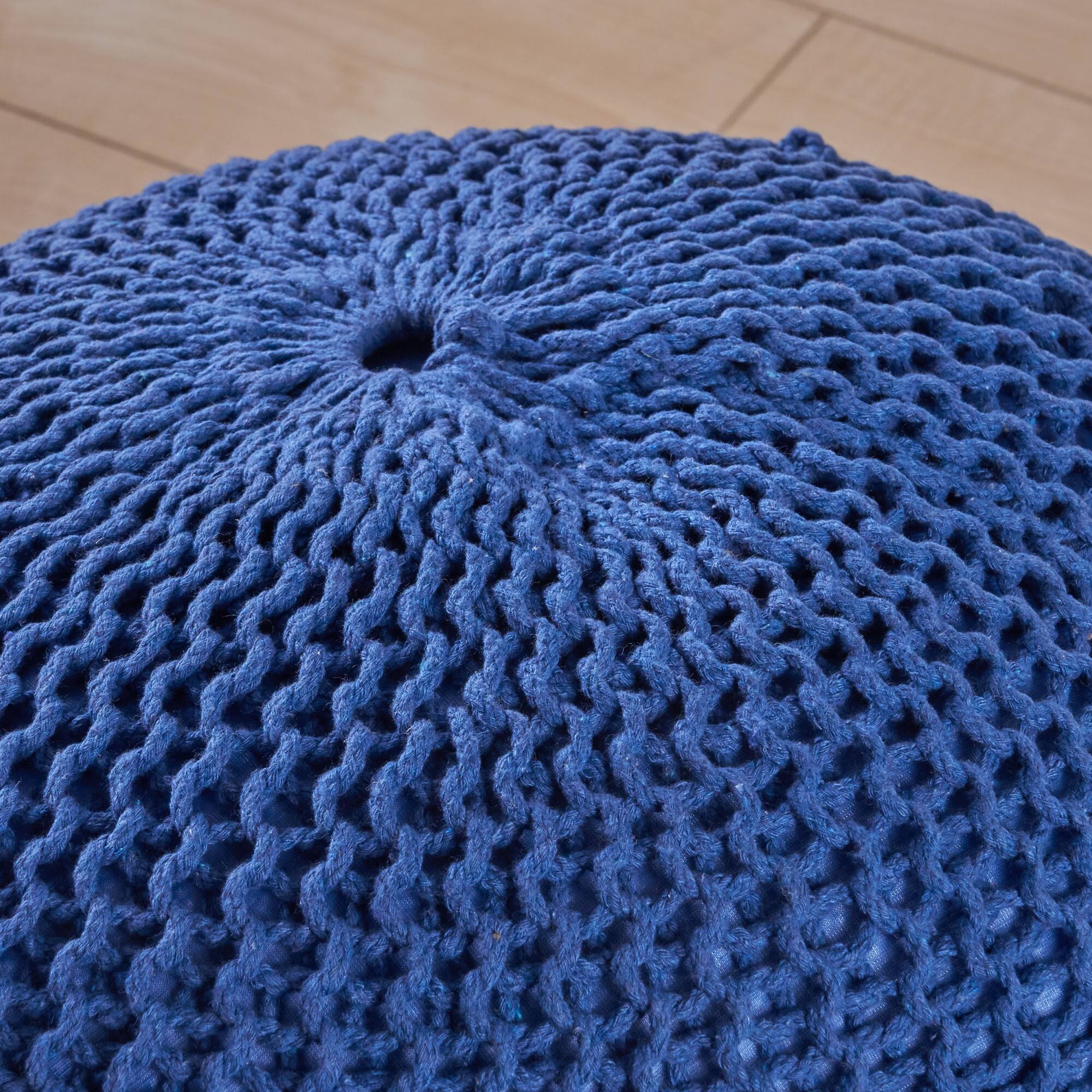 Alt View 1. GOODSILO - Round Knitted Cotton Pouf Ottoman Floor Cushion Stylish Home Decor Accent Piece - Navy Blue.