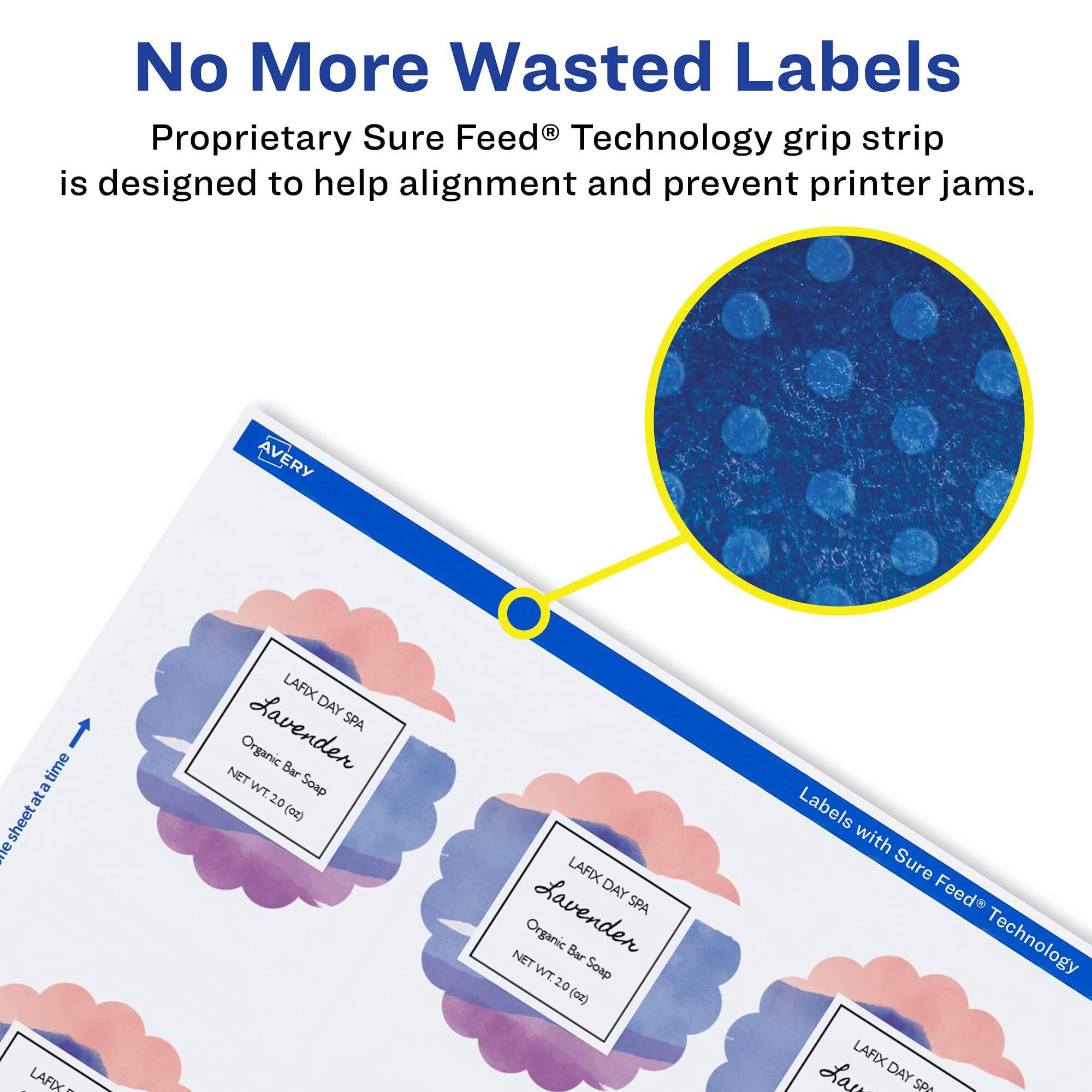 No More Wasted Labels  
Proprietary Sure Feed® Technology grip strip is designed to help alignment and prevent printer jams.  

AVERY  
LAFIX DAY SPA  
Lavender  
Organic Bar Soap  
NET WT. 2.0 oz  

Labels with Sure Feed® Technology