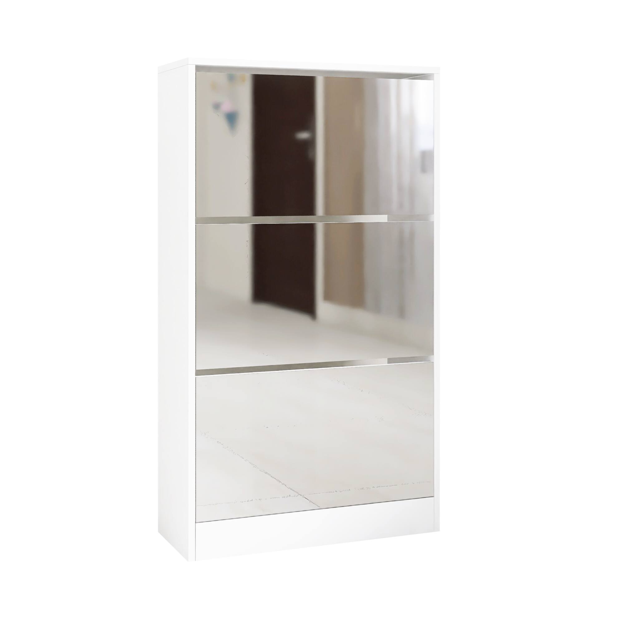 Back. GOODSILO - Slim Shoe Storage Cabinet with Full-Length Mirror and Rotating Drawers for Entryway and Bedroom Organization - Matte White.