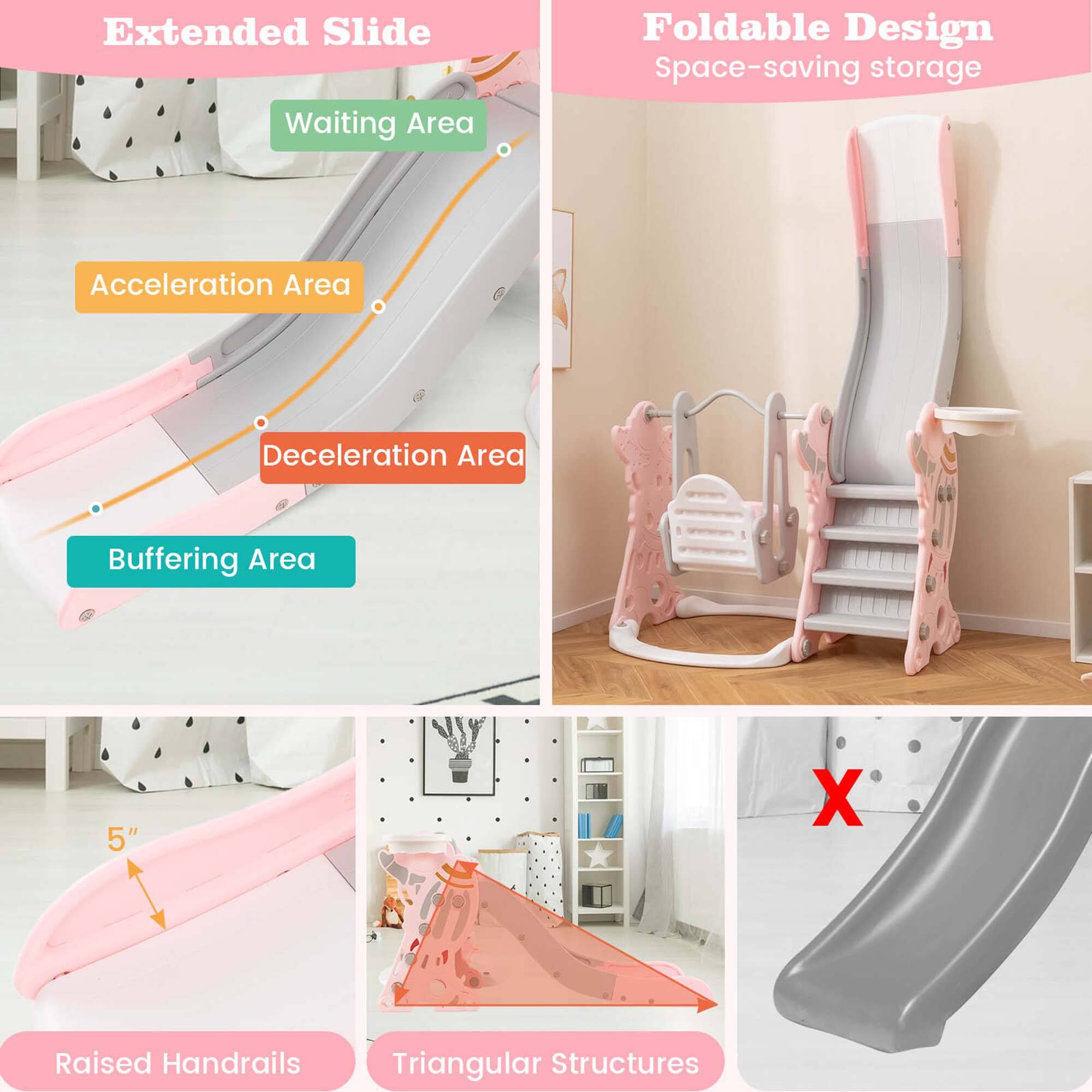 Extended Slide  
- Waiting Area  
- Acceleration Area  
- Deceleration Area  
- Buffering Area  

Foldable Design  
- Space-saving storage  

Raised Handrails  
- 5"  

Triangular Structures  

X