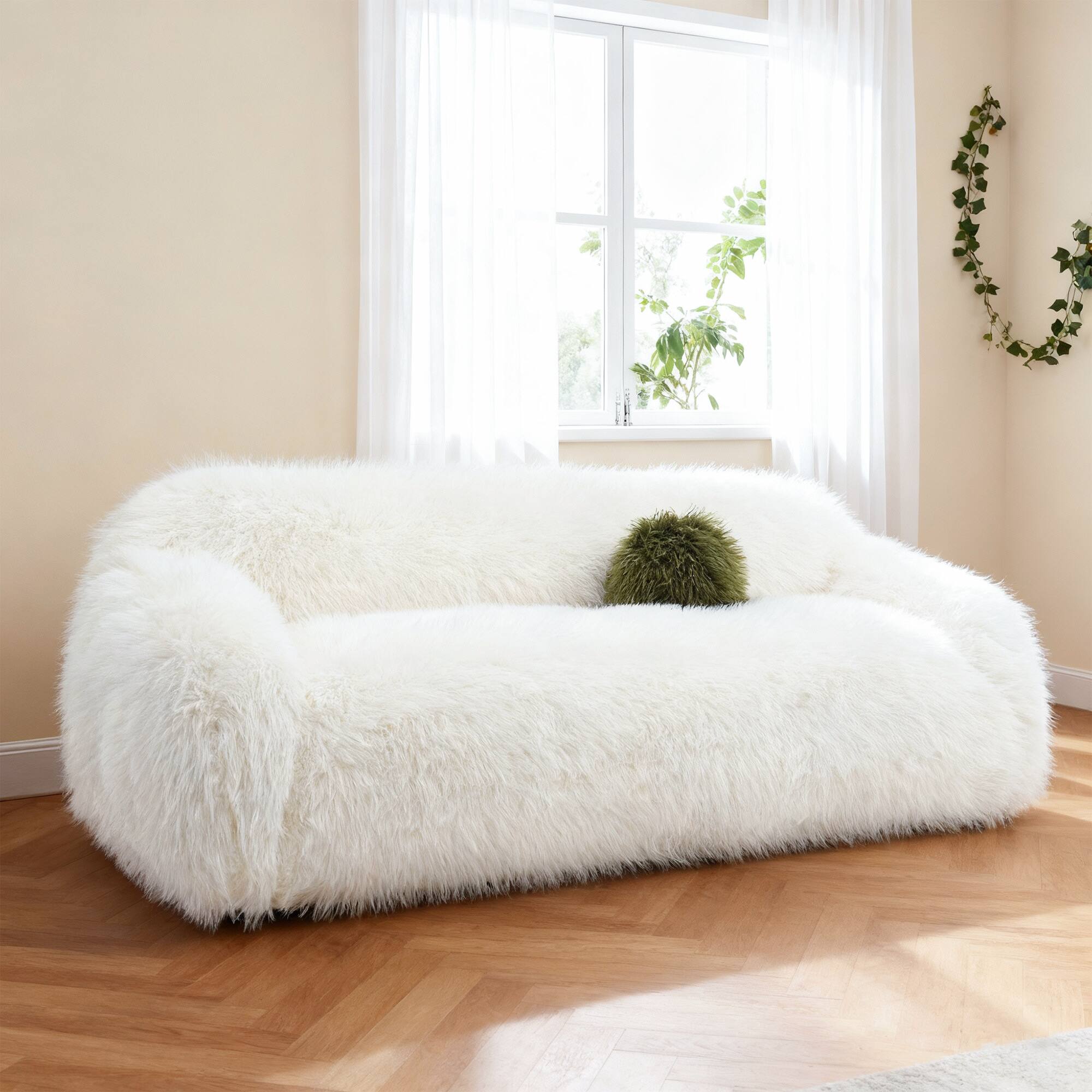 Left. Vaczon - 3-Seater Plush Faux Fur Sofa with Soft Long Pile and Luxurious Comfort for Living Rooms or Apartments - White.
