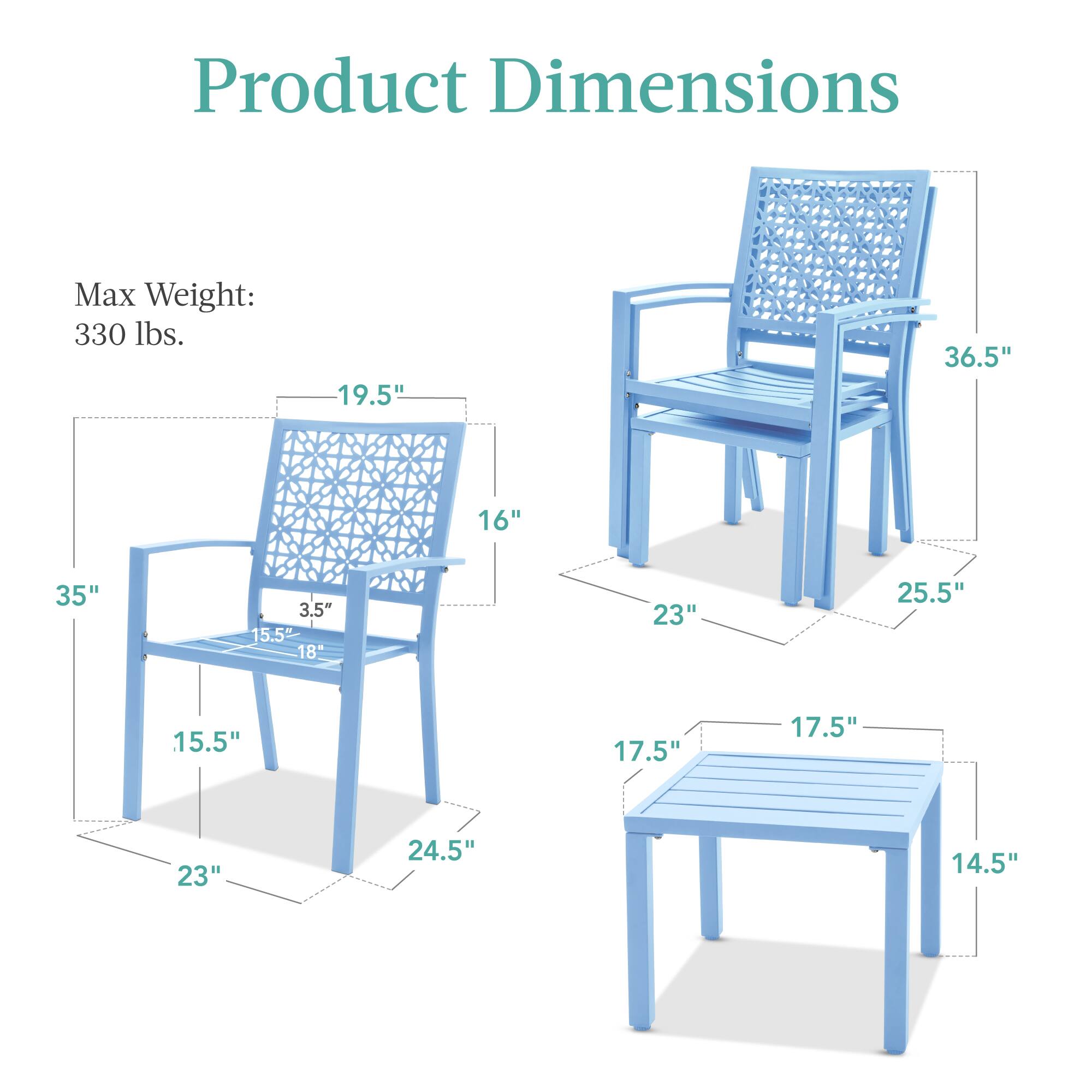 Product Dimensions

Max Weight: 330 lbs.

- Chair 1:
  - Height: 35"
  - Width: 19.5"
  - Depth: 23"
  - Seat Height: 18"
  - Seat Depth: 15.5"
  - Back Height: 16"
  - Armrest Height: 3.5"

- Chair 2:
  - Height: 36.5"
  - Width: 25.5"
  - Depth: 23"
  - Seat Height: 18"
  - Seat Depth: 15.5"
  - Back Height: 16"

- Table:
  - Height: 14.5"
  - Width: 17.5"
  - Depth: 17.5"