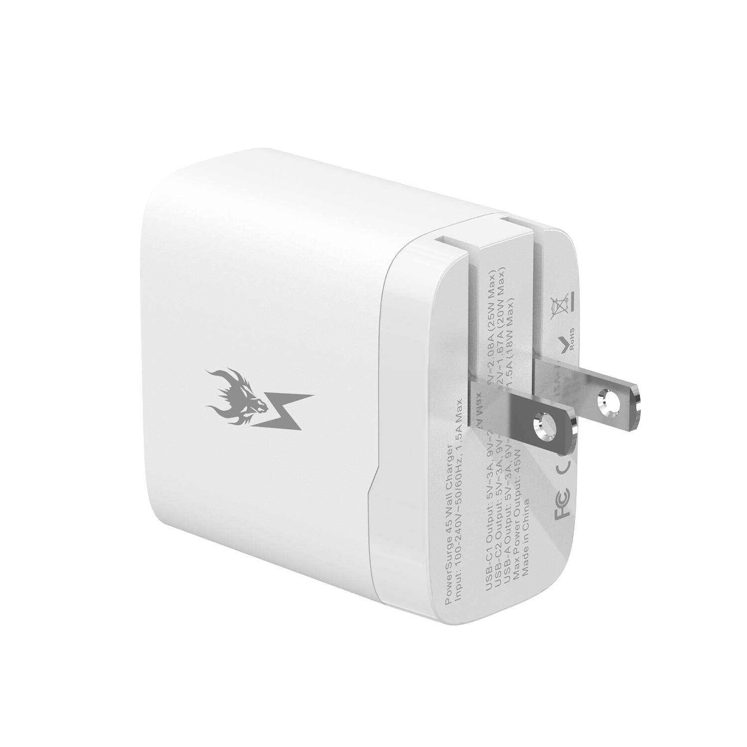 PowerSurge 45W All-Charger  
Input: 100-240V~50/60Hz  
Output:  
USB-C1: 5V=3A, 9V=2A, 12V=1.5A, 15V=1A, 20V=1A  
USB-C2: 5V=3A, 9V=2A, 12V=1.5A, 15V=1A, 20V=1A  
USB-A: 5V=3A  
Made in China  
FC