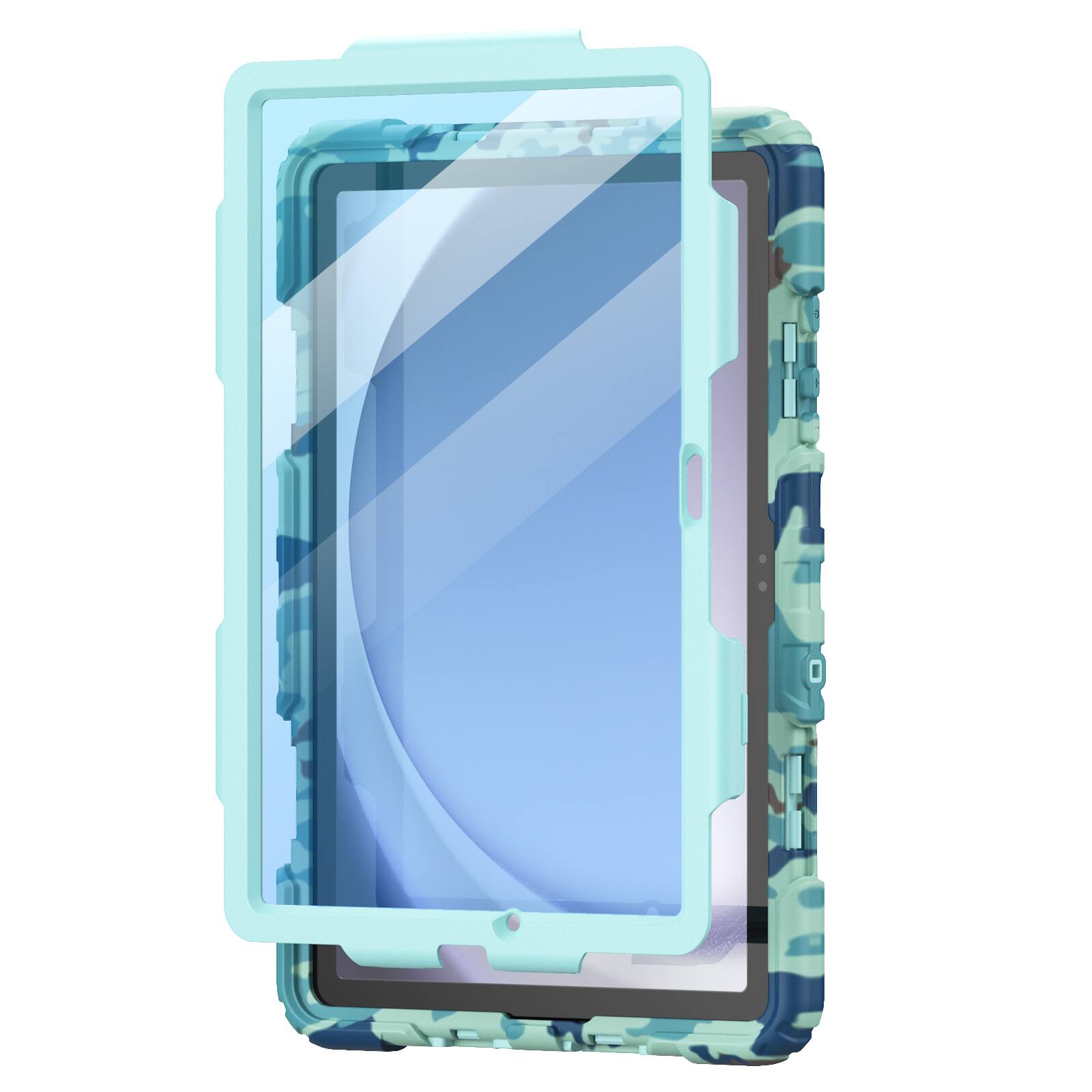 Angle. Dteck - for Samsung Galaxy Tab A9+ 11.0" 2023 (SM-X210/X215/X216) Heavy Duty Case,Rugged Cover with Screen Film+Shoulder Strap - Blue.