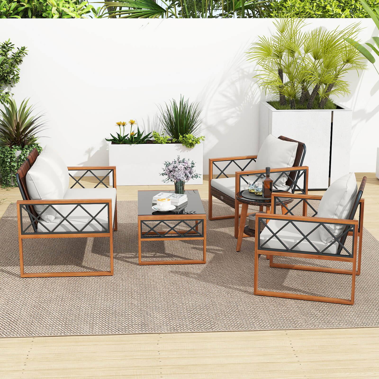 Alt View 3. Costway - Costway 5 PCS PE Wicker Patio Furniture Set with Acacia Wood Frame Cushions for Deck Garden - Mix Brown,Off-White.