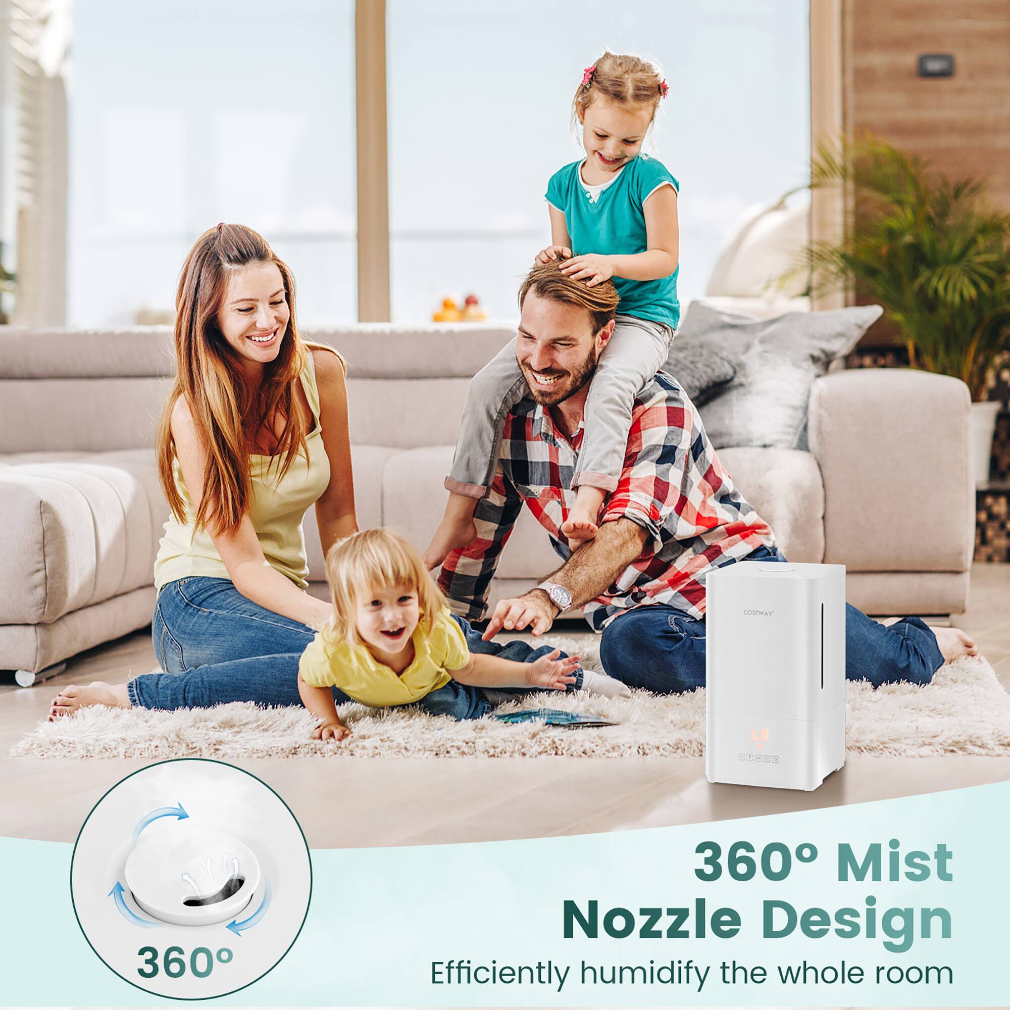 The text on the image reads: "360 Mist Nozzle Design Efficiently humidify the whole room."