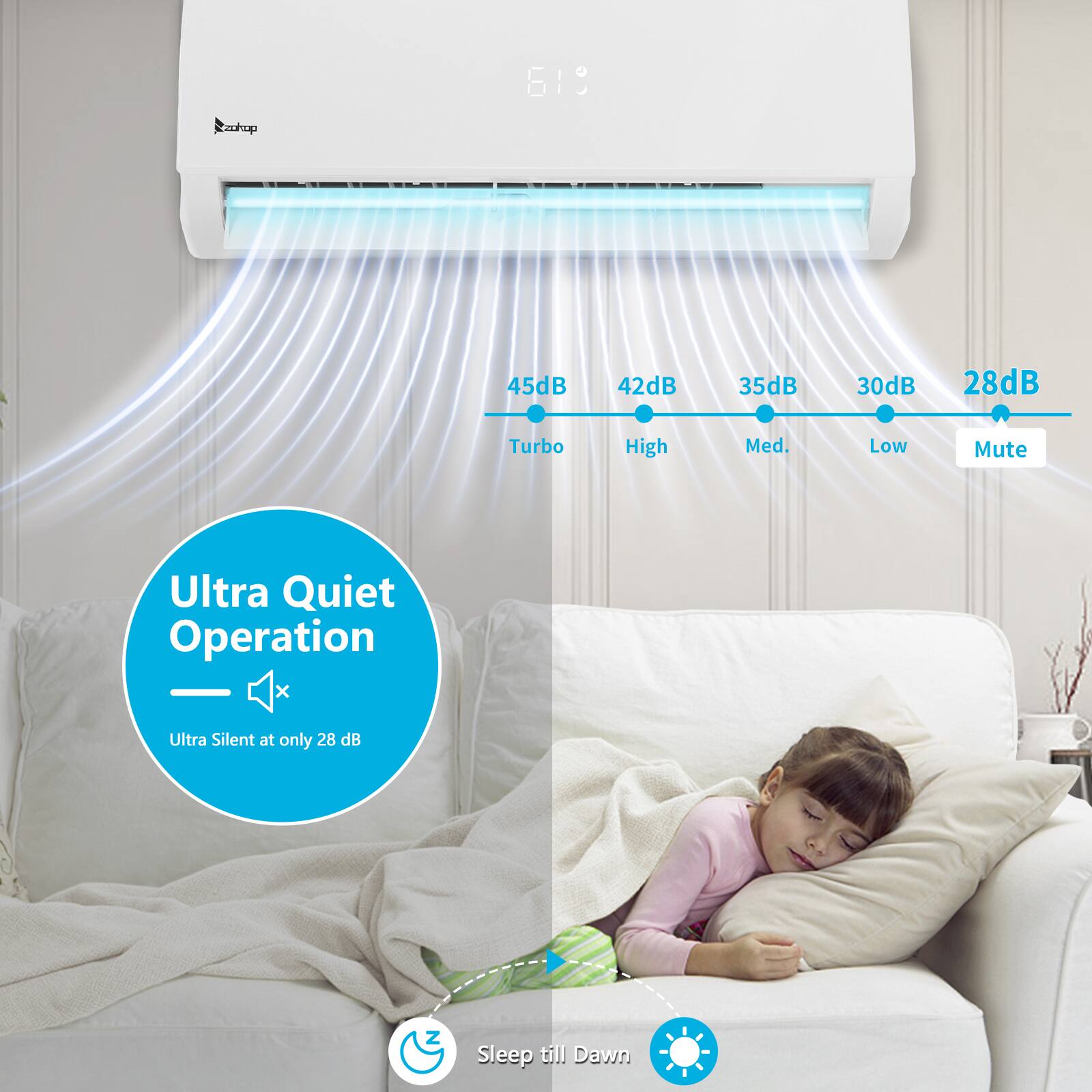 619 | : ahup 45dB 42dB 35dB 30dB 28dB Turbo High Med. Low Mute Ultra Quiet Operation x Ultra Silent at only 28 dB Z Sleep till Dawn