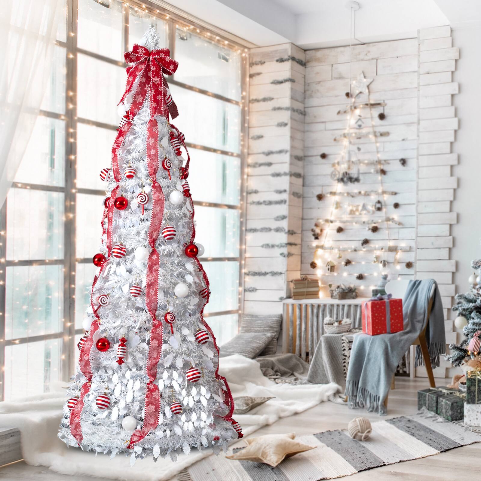 Alt View 3. VAVSEA - 7 FT Pre-Lit White Christmas Tree with 170 Warm Lights & Red Ornaments for Holiday Decor - White.