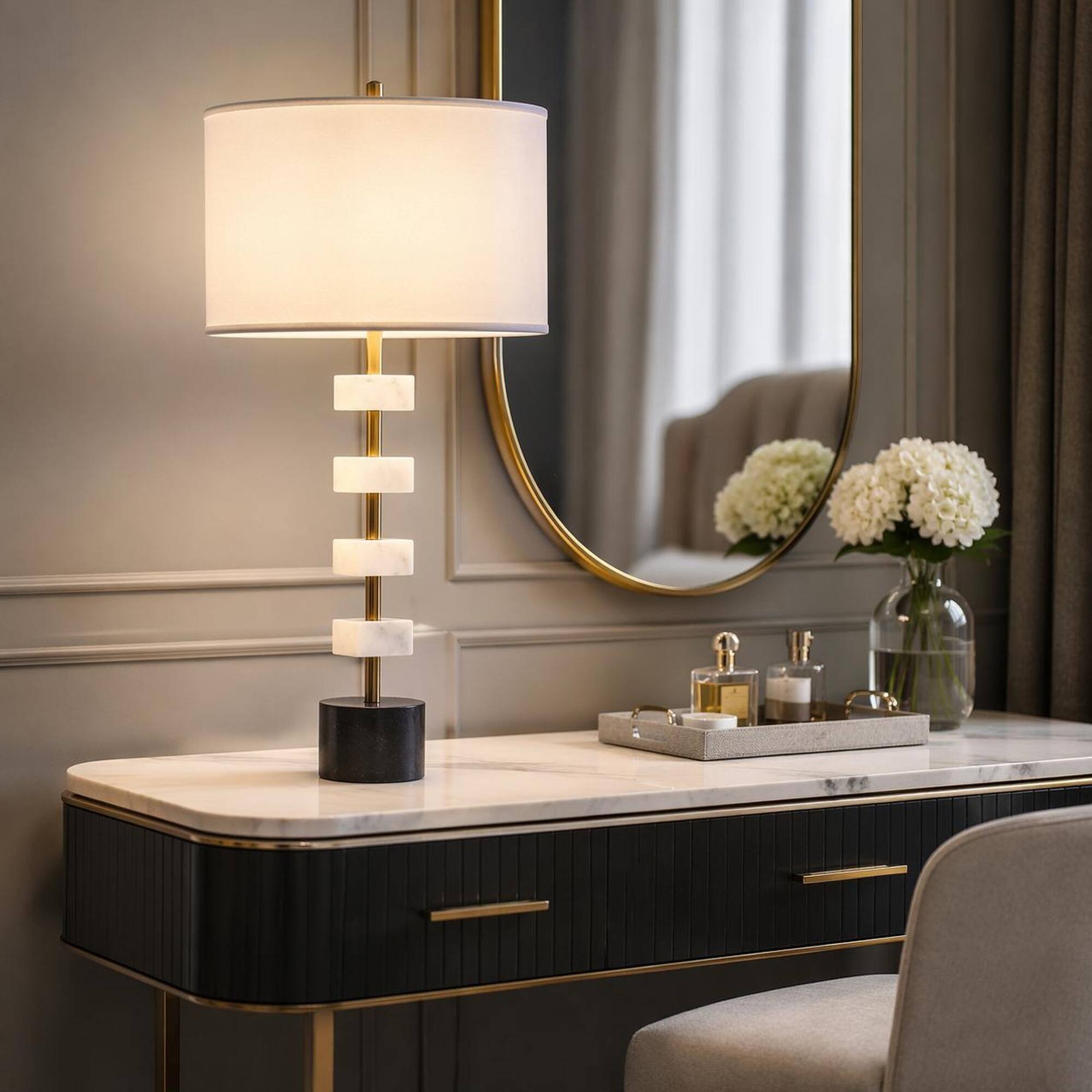 Back. RYHNUYNE - White Marble Table Lamp with Brass Frame and Round Base, Fabric Drum Shade with Brass Finial, 15D x 30H Inches - Black White.