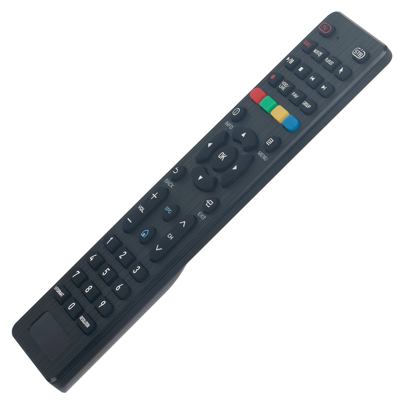 S BACK + VOL EPG / 7 1 CH 4 2 7 5 3 VFORMAT 8 6 0 9 NOLUTIOS38  
INFO OK  EXIT  
TV SOURCE WASER  PLAILIST LIVE VOD/ FAV GROUP  MENU  
STB