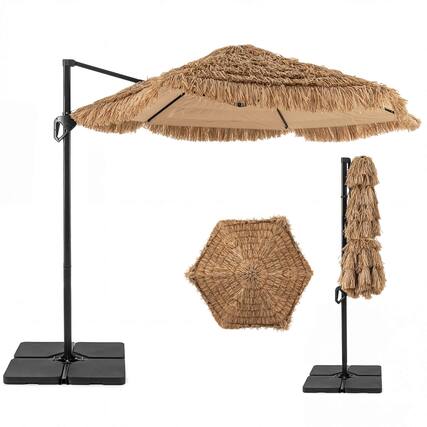 Front. Costway - Costway 9.5 FT Cantilever Tiki Patio Umbrella Set with 220 LBS Fillable Base for Garden - Natural + Black.