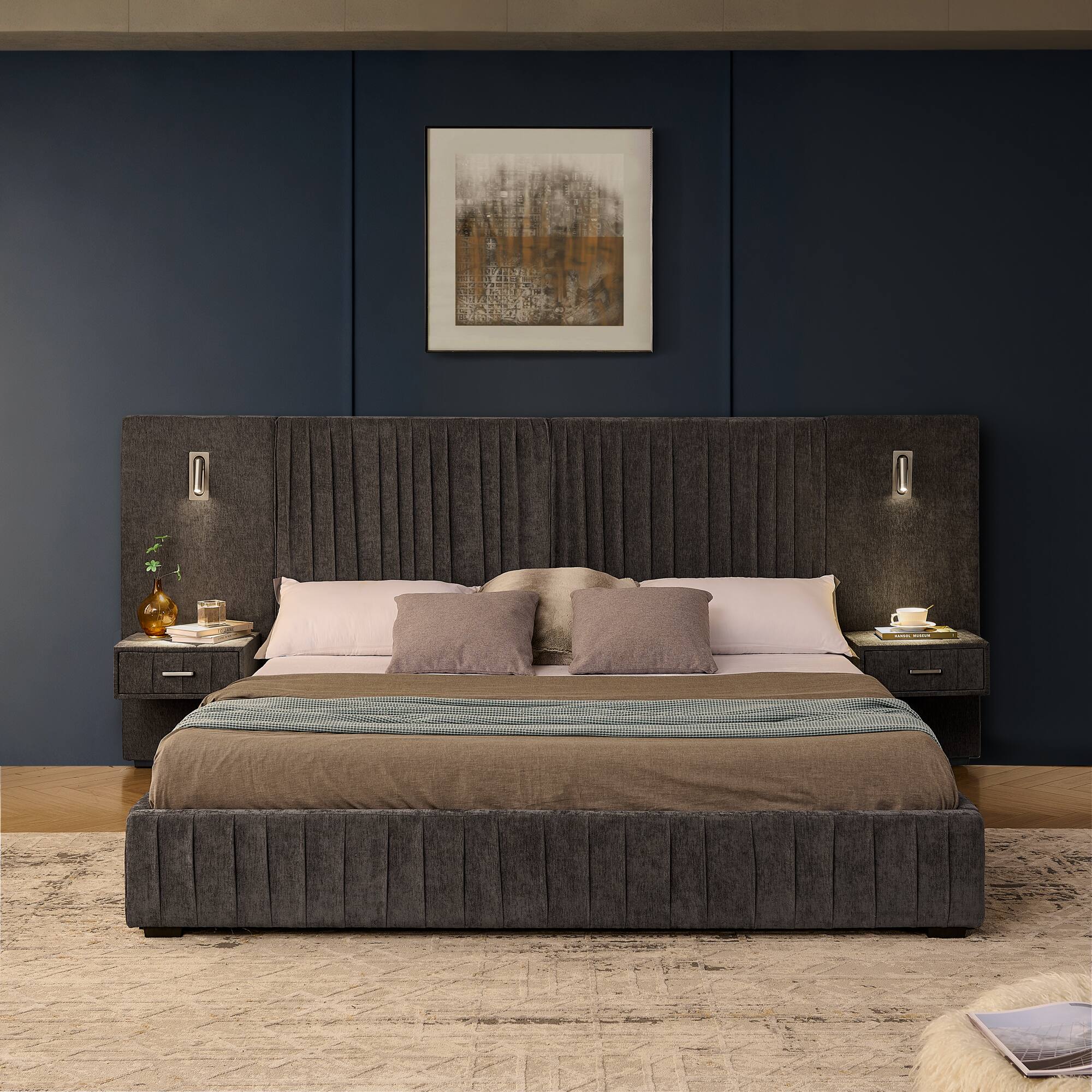 Angle. Anysun - King Chenille Upholstered Platform Bed with Pleated Design & Headboard - Solid Frame, Side Table, No Box Spring Needed - Grey.