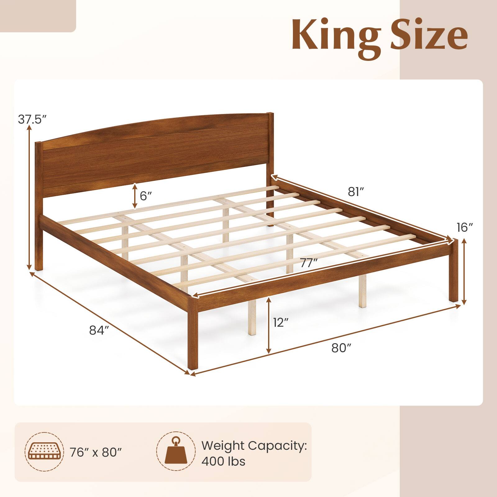 King Size

37.5"  
6"  
81"  
16"  
77"  
84"  
12"  
80"  
76" x 80"  
Weight Capacity: 400 lbs