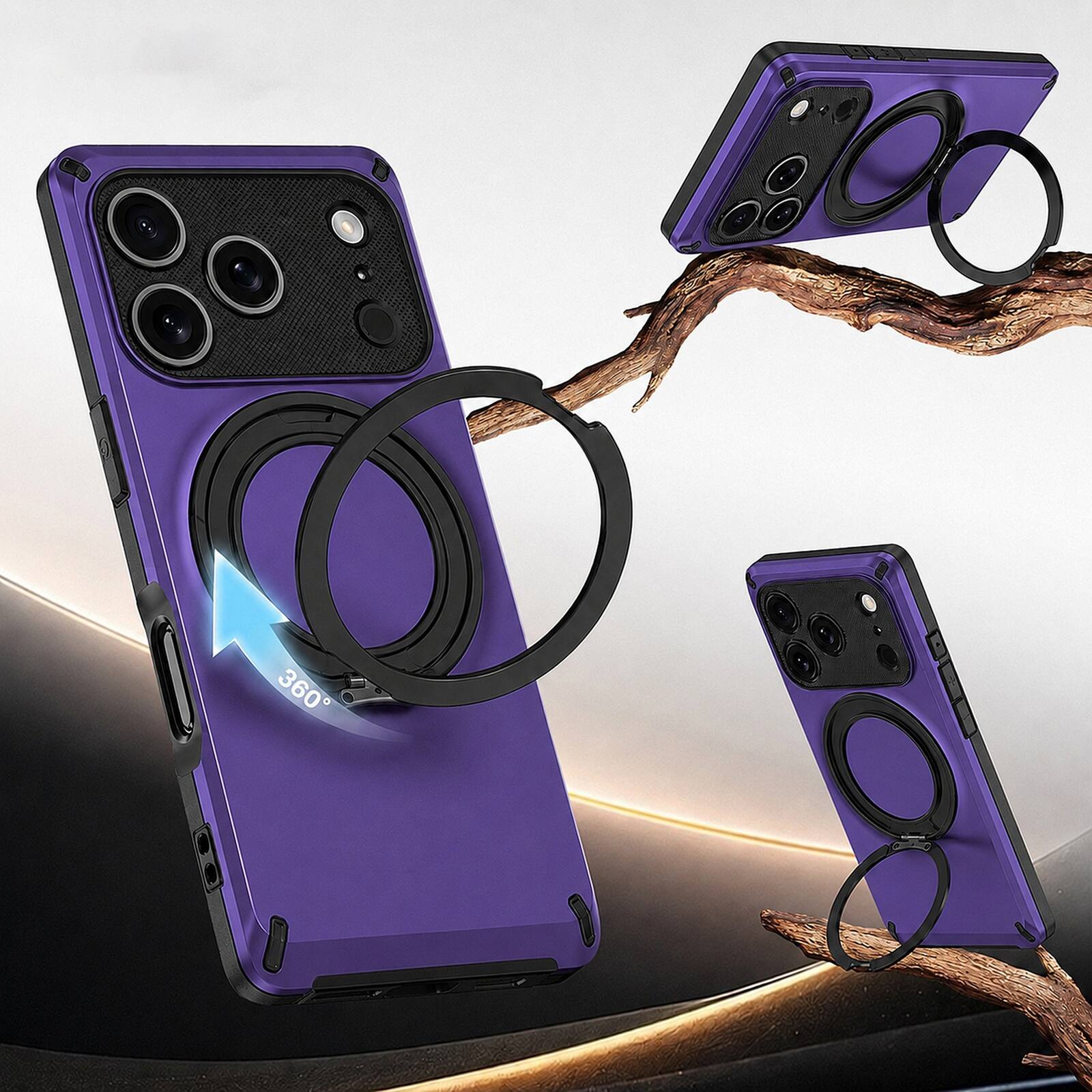 Back. UUCOVER - Magnetic Case for iPhone 17 Pro Max 360° Rotating Ring Stand Compatible with MagSafe Shockproof PC+TPU Protective Cover - Purple.