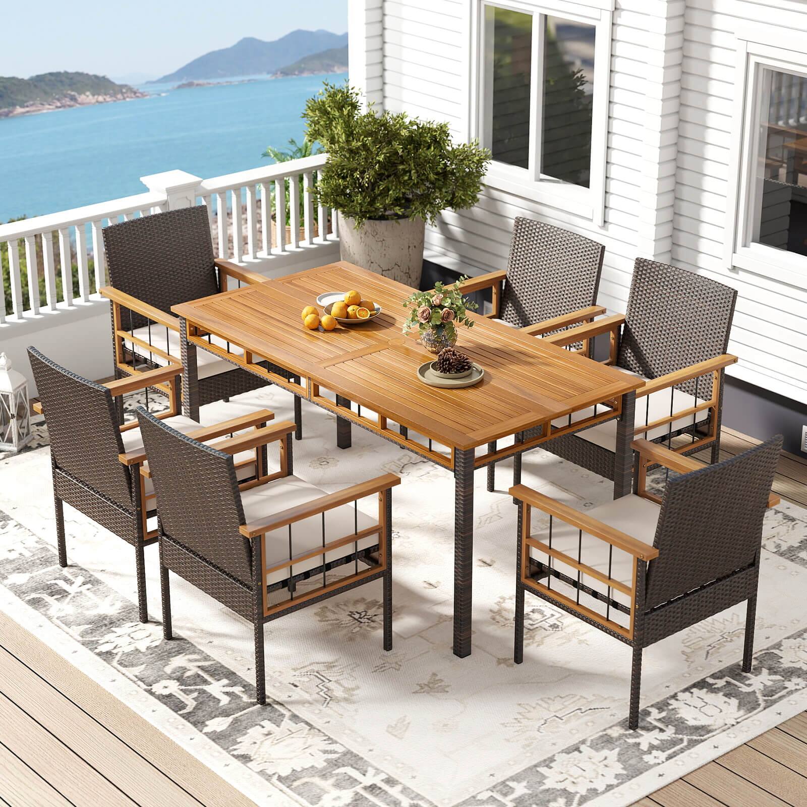 Alt View 3. Costway - Costway 7 PCS PE Wicker Patio Dining Set with 1.97" Umbrella Hole, Cushions for Deck Garden - Mix Brown.