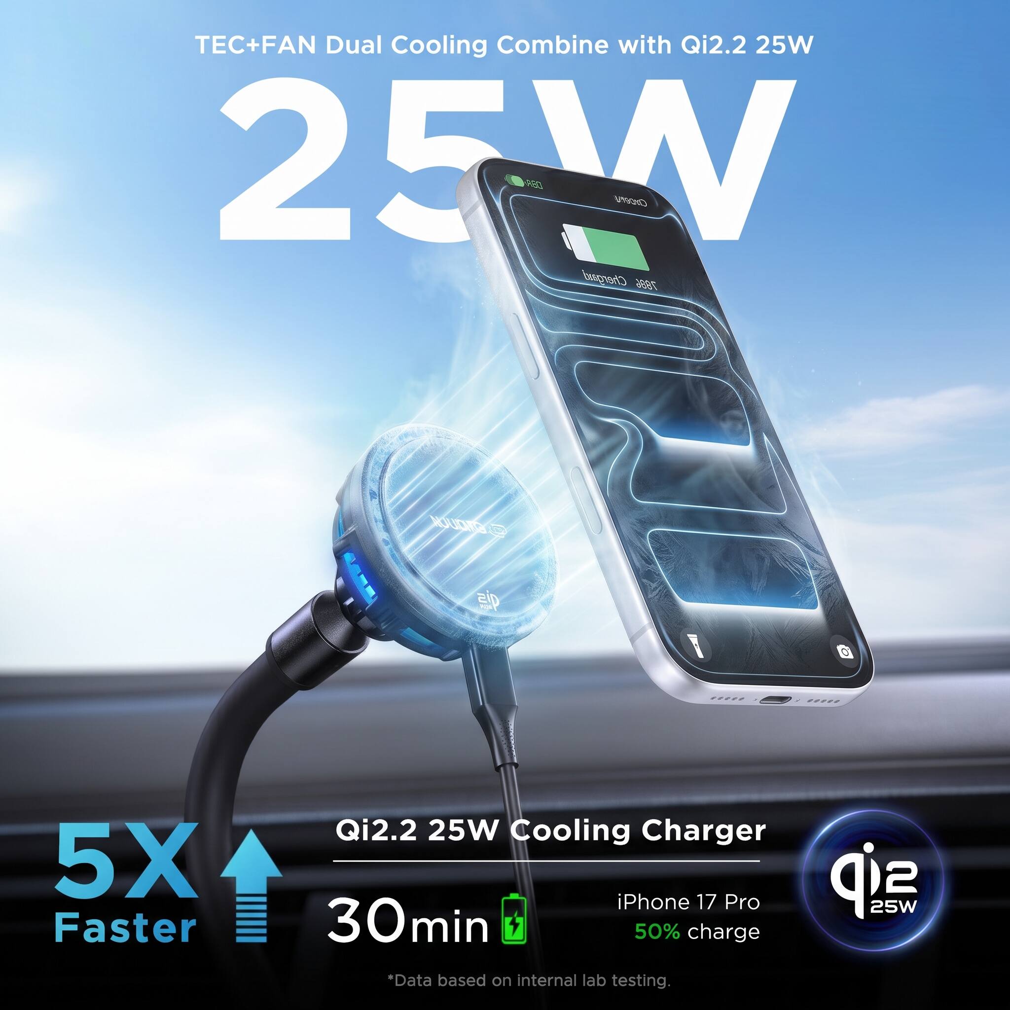 TEC+FAN Dual Cooling Combine with Qi2.2 25W

COTOUCK

5X Faster
Qi2.2 25W Cooling Charger iPhone 17 Pro sip 25W 30min 50% charge
*Data based on internal lab testing.