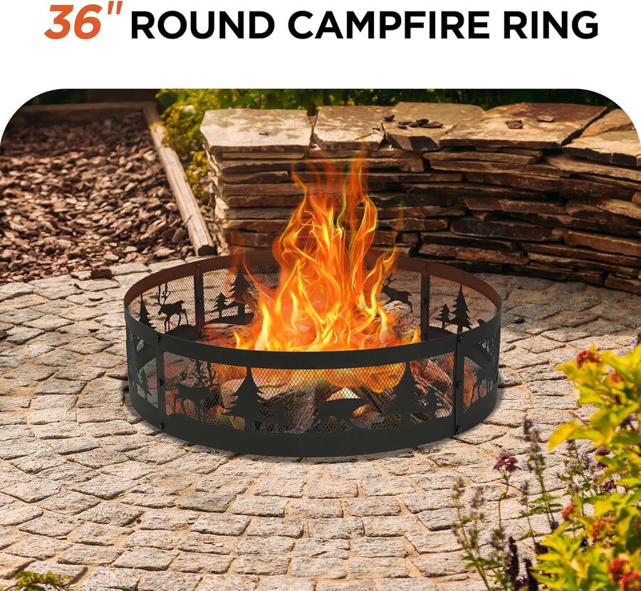 Round File Ring Bestier 36” Wildlife Steel Fire Ring, Round Outdoor Fire Pit Ring with ...