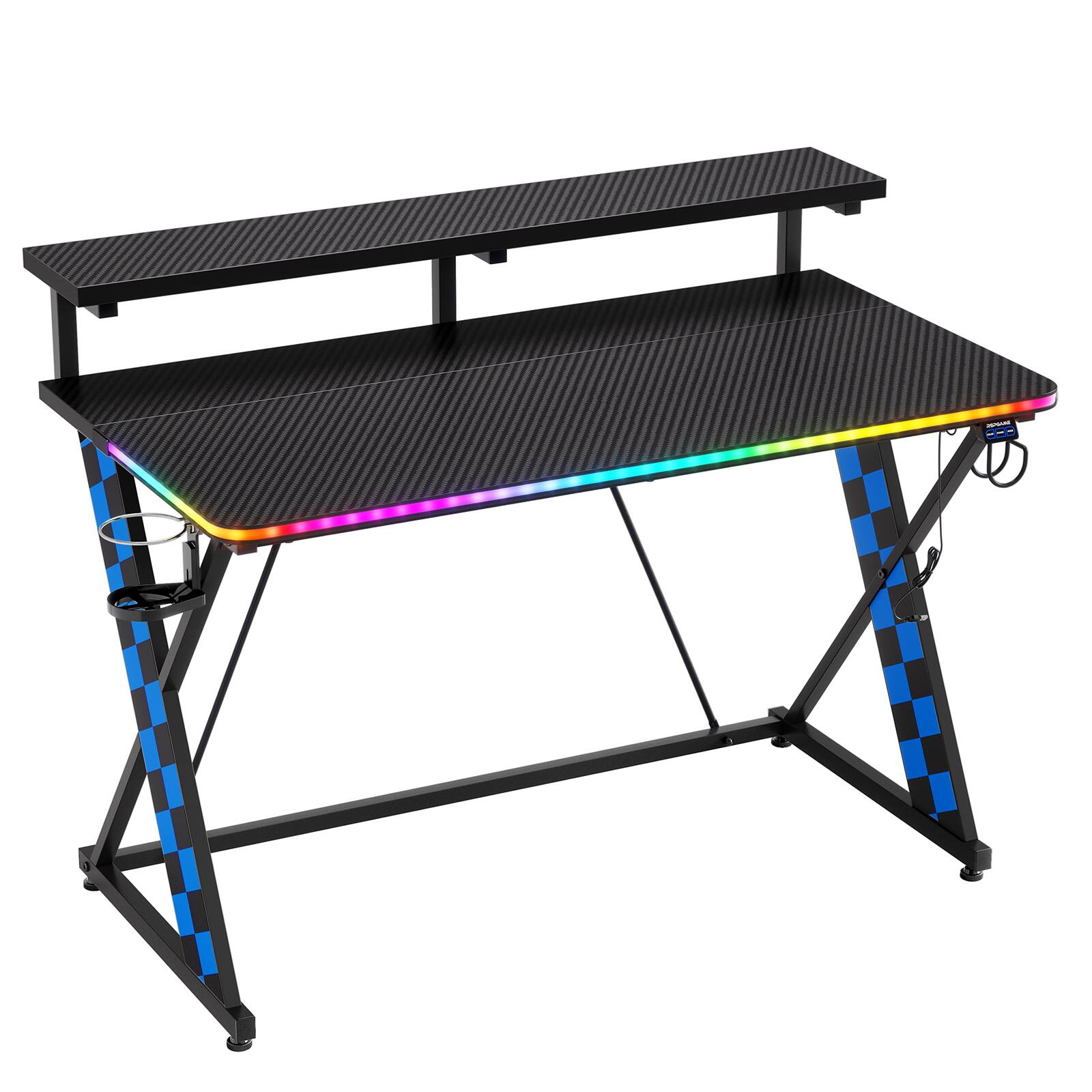 Alt View 9. RSPGAME - Basic 43" Music Sync LED Gaming Desk w/ Dynamic Color-Changing & Racing Gear Style,Ergonomic Monitor Stand Computer Desk - Blue & Black.