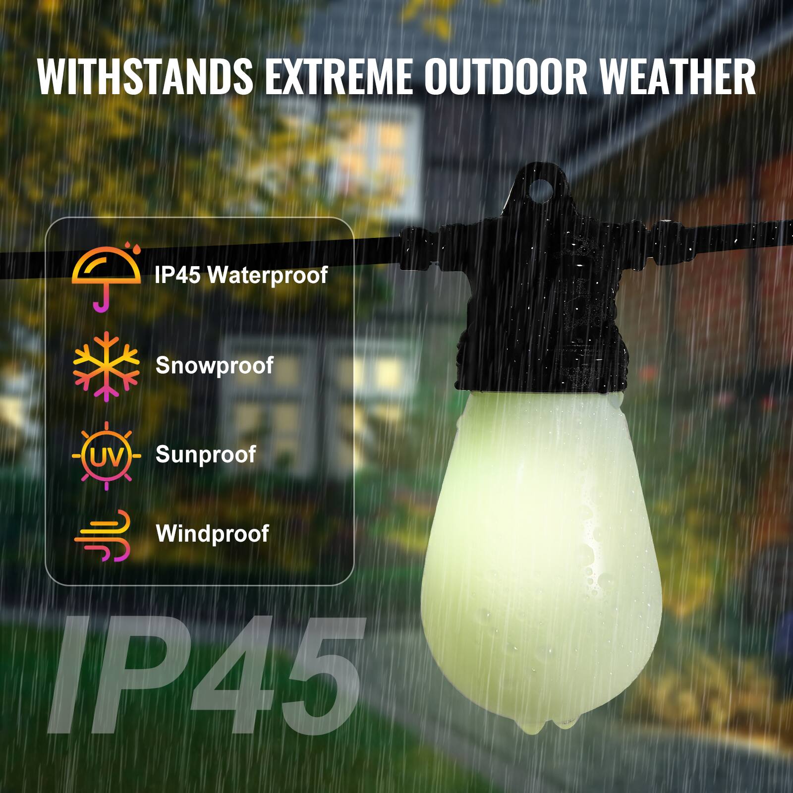 WITHSTANDS EXTREME OUTDOOR WEATHER

- IP45 Waterproof
- Snowproof
- Sunproof
- Windproof

IP45