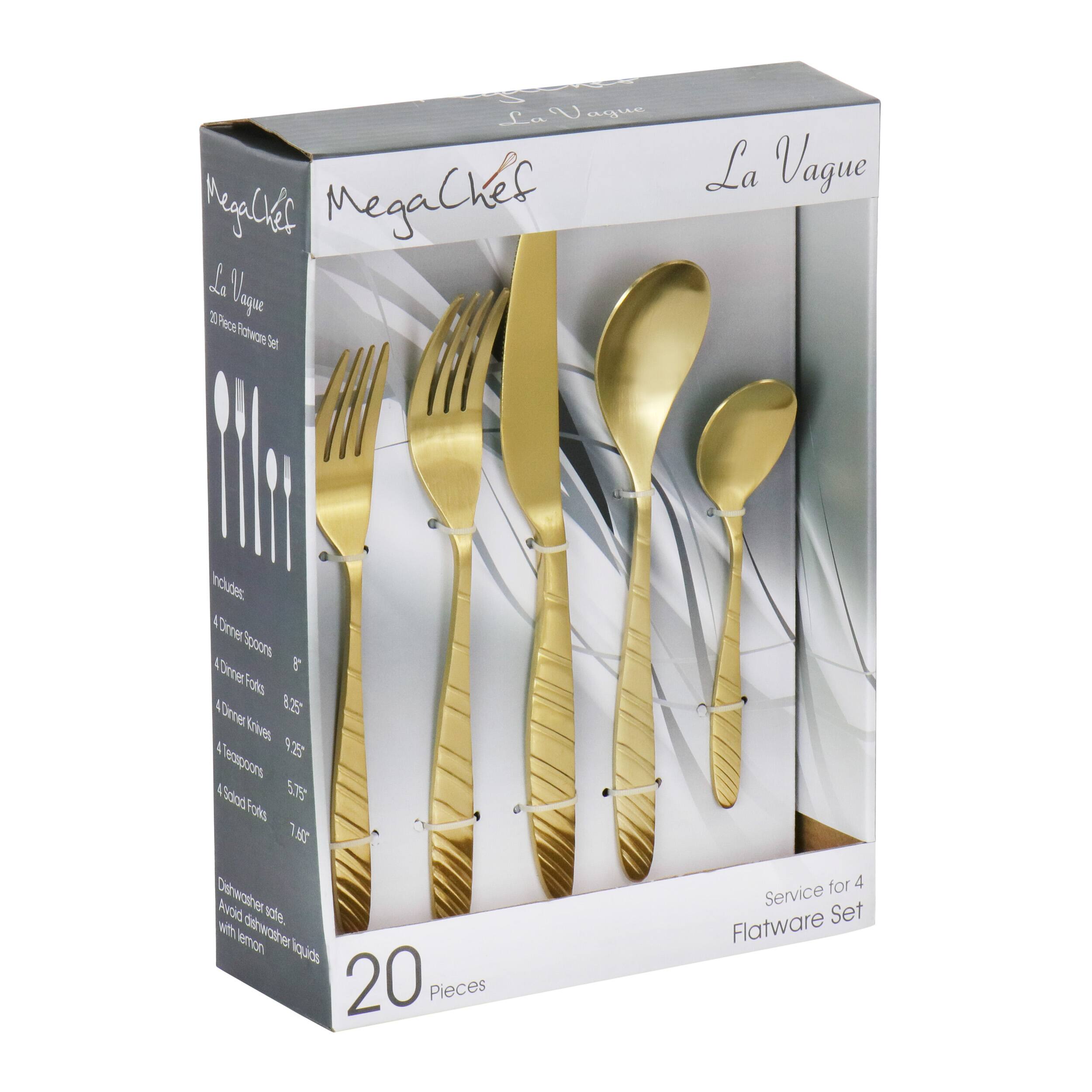 MegaChef - La Vague 20 Piece Flatware Utensil Set, Stainless Steel Silverware Metal Service for 4 in Matte - Gold price history on PriceWatchPro