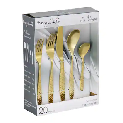 MegaChef La Vague
Includes:
4 Dinner Spoons
4 Dinner Forks
4 Dinner Knives
4 Teaspoons
4 Salad Forks
Dishwasher safe. Avoid dishwasher with lemon or acidic liquids
20 Pieces
Service for 4
Flatware Set