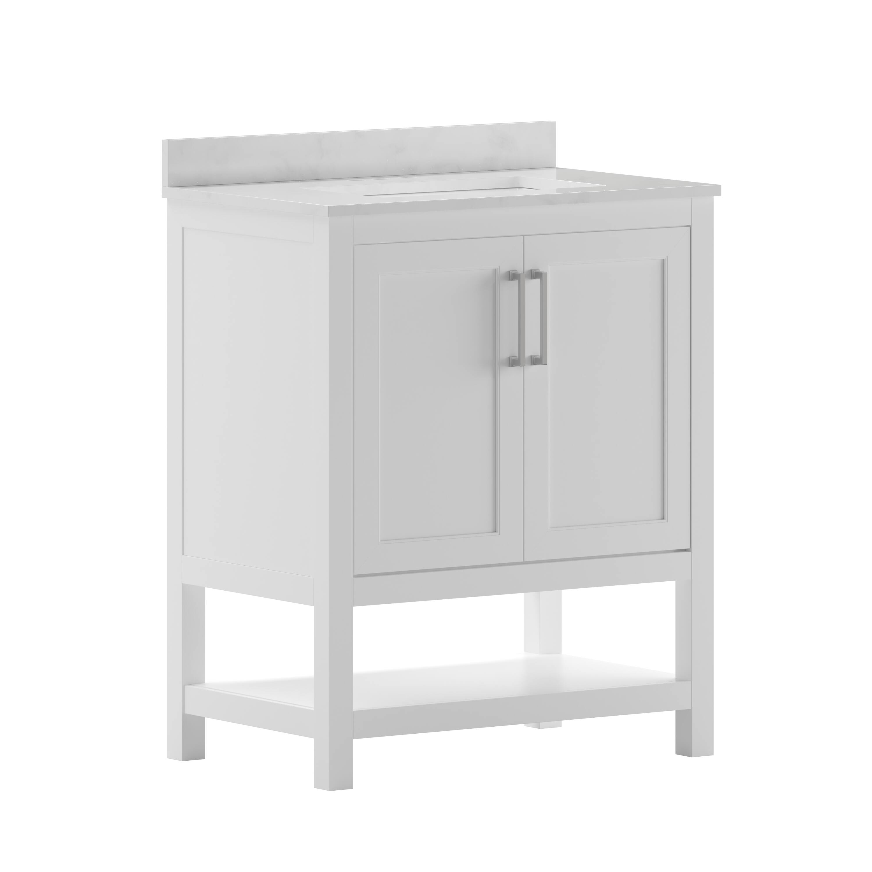 Alt View 1. Emma + Oliver - Vesta Bathroom Vanity, Single Sink Cabinet with 2 Soft Close Doors and Open Shelf, Carrara Marble Finish Countertop - White.
