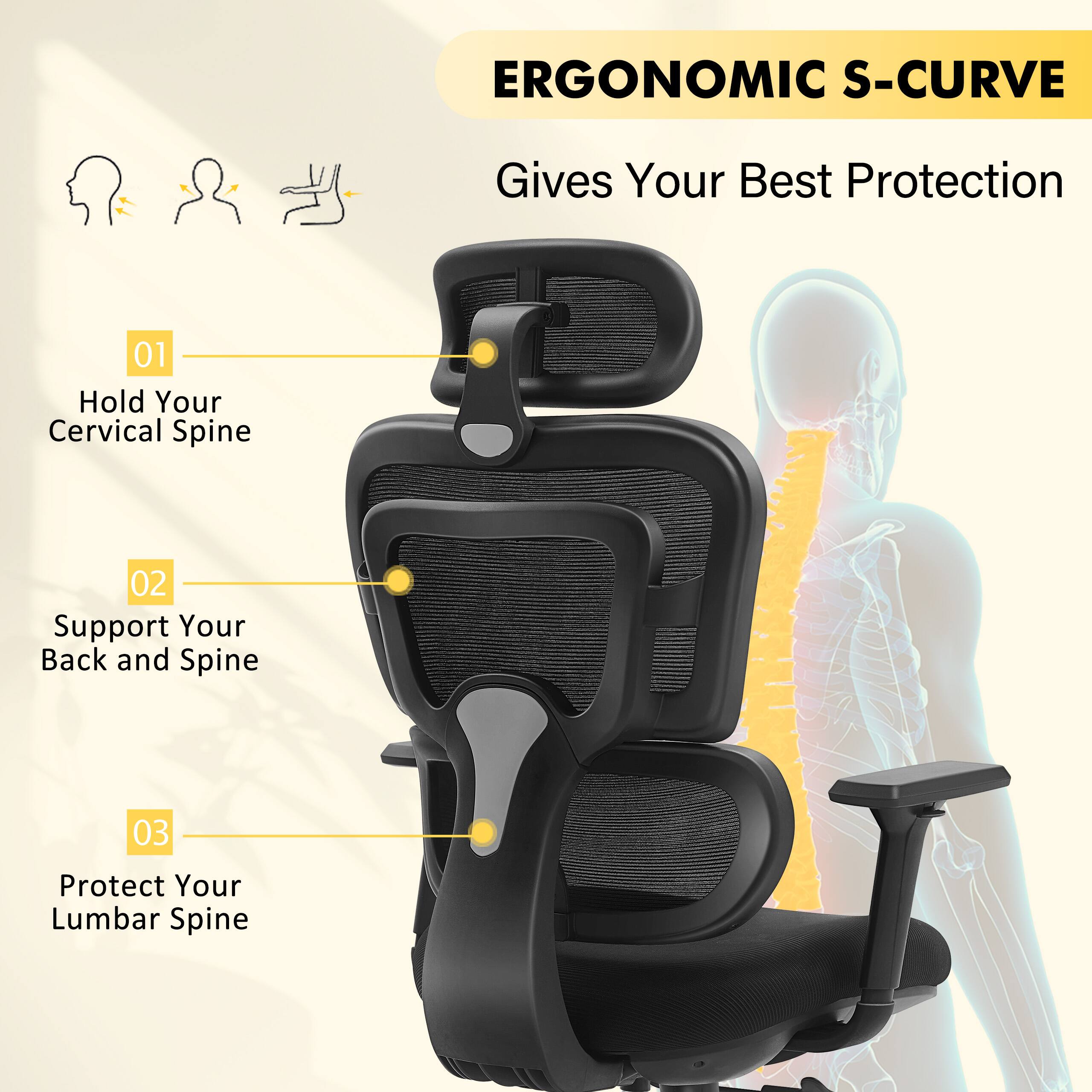 ERGONOMIC S-CURVE  
Gives Your Best Protection  

01 Hold Your Cervical Spine  
02 Support Your Back and Spine  
03 Protect Your Lumbar Spine