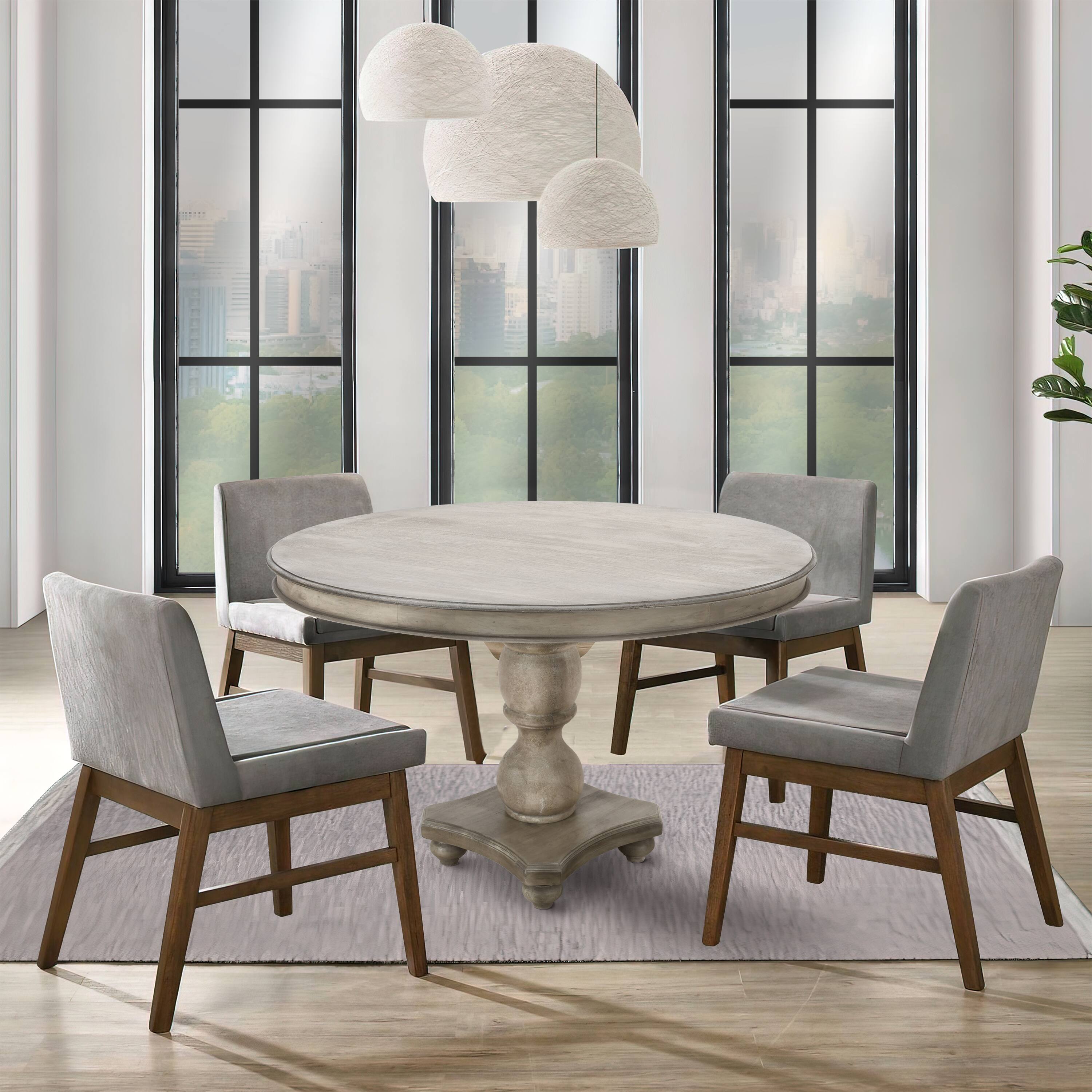 Alt View 6. Manhattan Lane - 42 Inch Handcrafted Mango Wood Dining Table, Pedestal Base, Round Molded Top - Washed White and Gray.